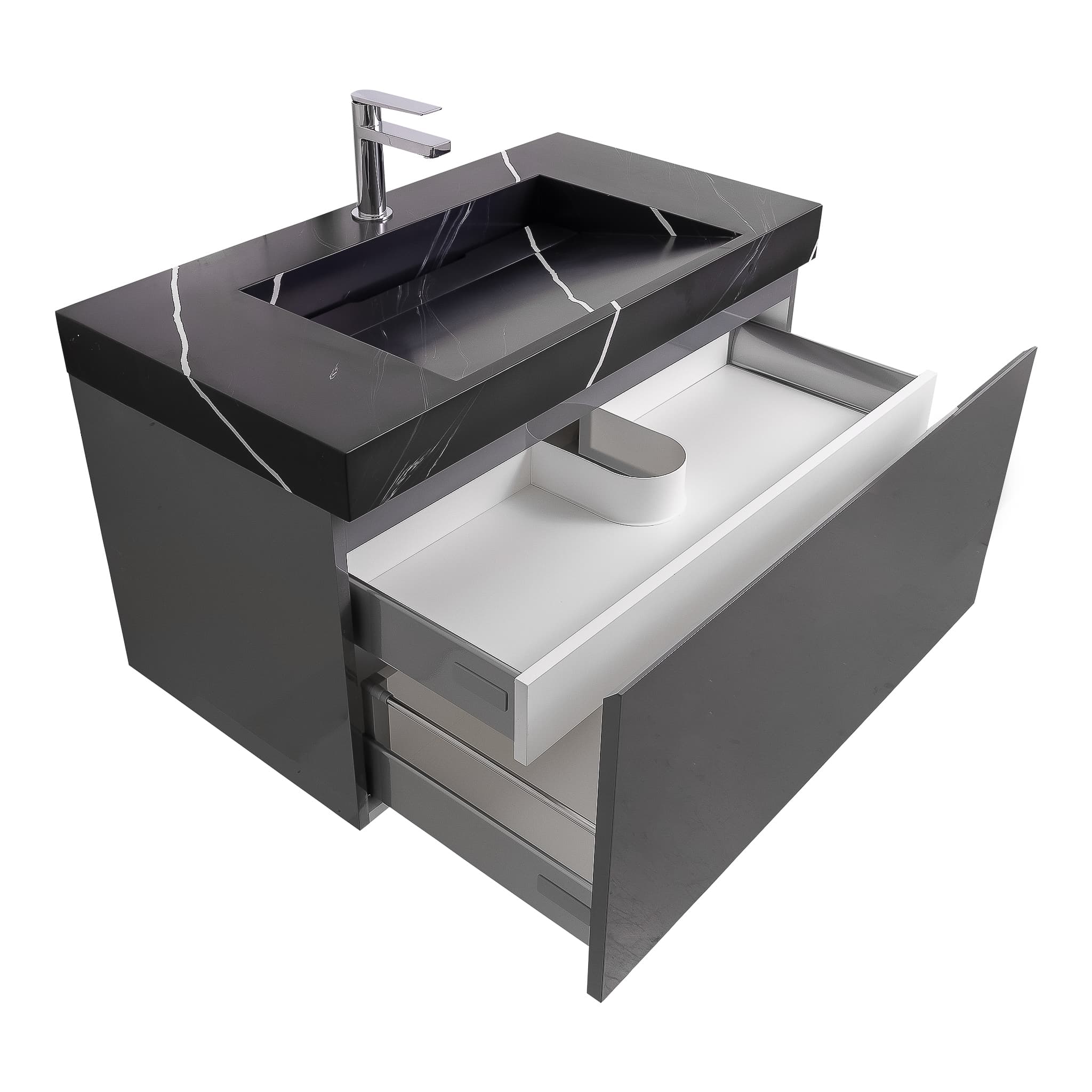 Venice 31.5 Anthracite High Gloss Cabinet, Solid Surface Matte Black Carrara Infinity Sink, Wall Mounted Modern Vanity Set