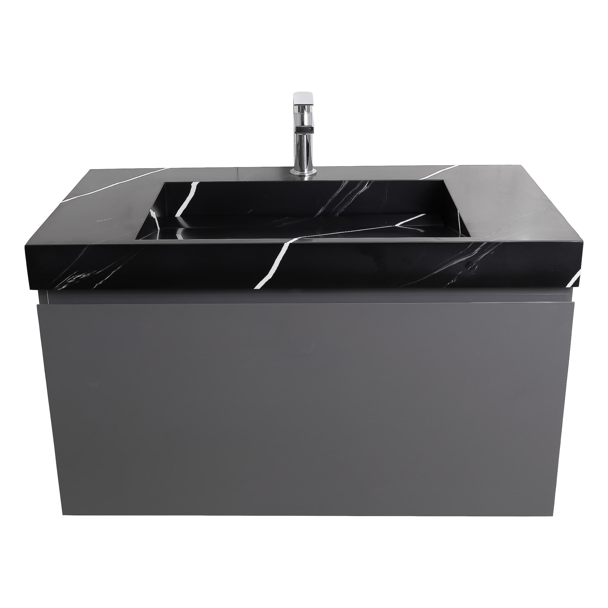 Venice 31.5 Anthracite High Gloss Cabinet, Solid Surface Matte Black Carrara Infinity Sink, Wall Mounted Modern Vanity Set