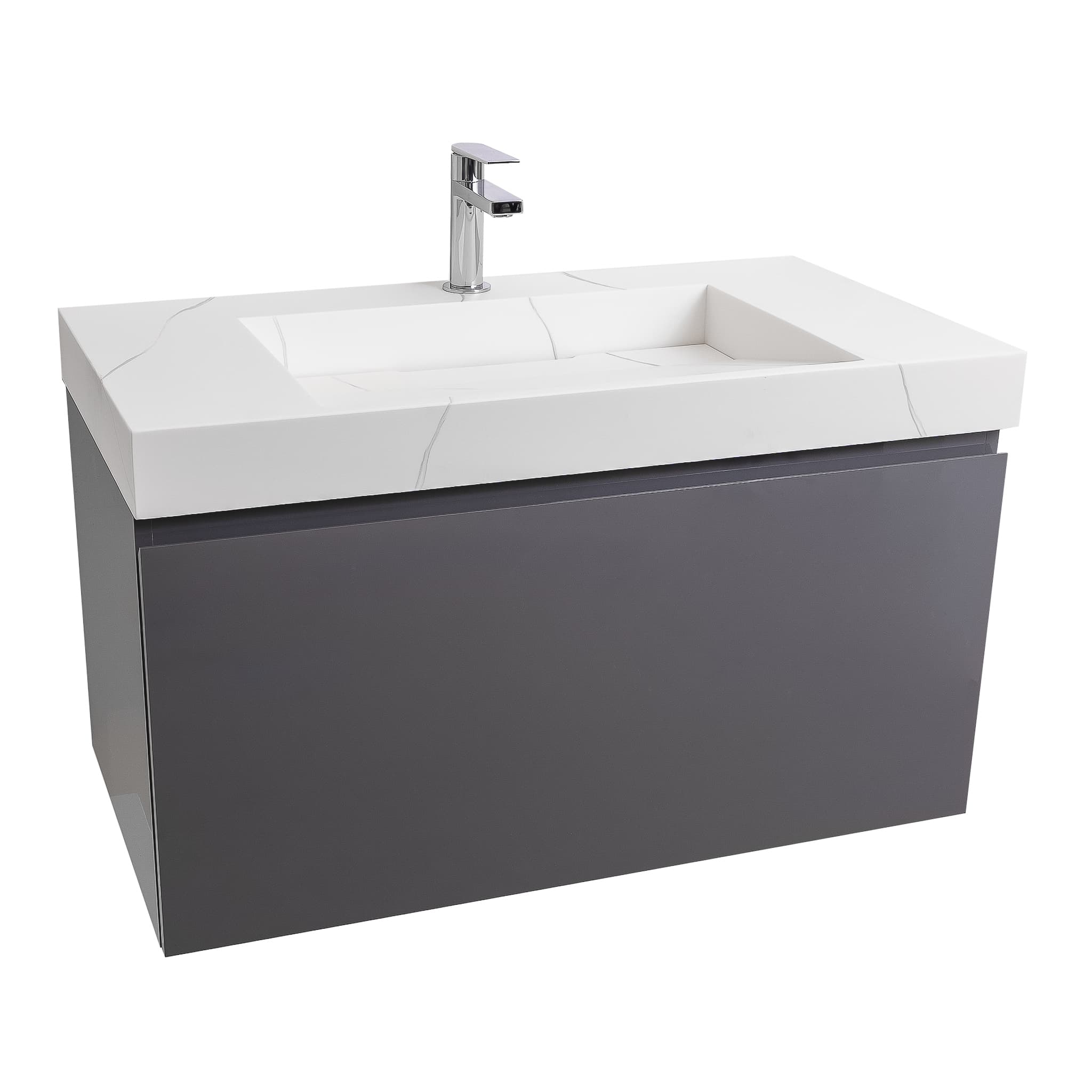 Venice 31.5 Anthracite High Gloss Cabinet, Solid Surface Matte White Top Carrara Infinity Sink, Wall Mounted Modern Vanity Set