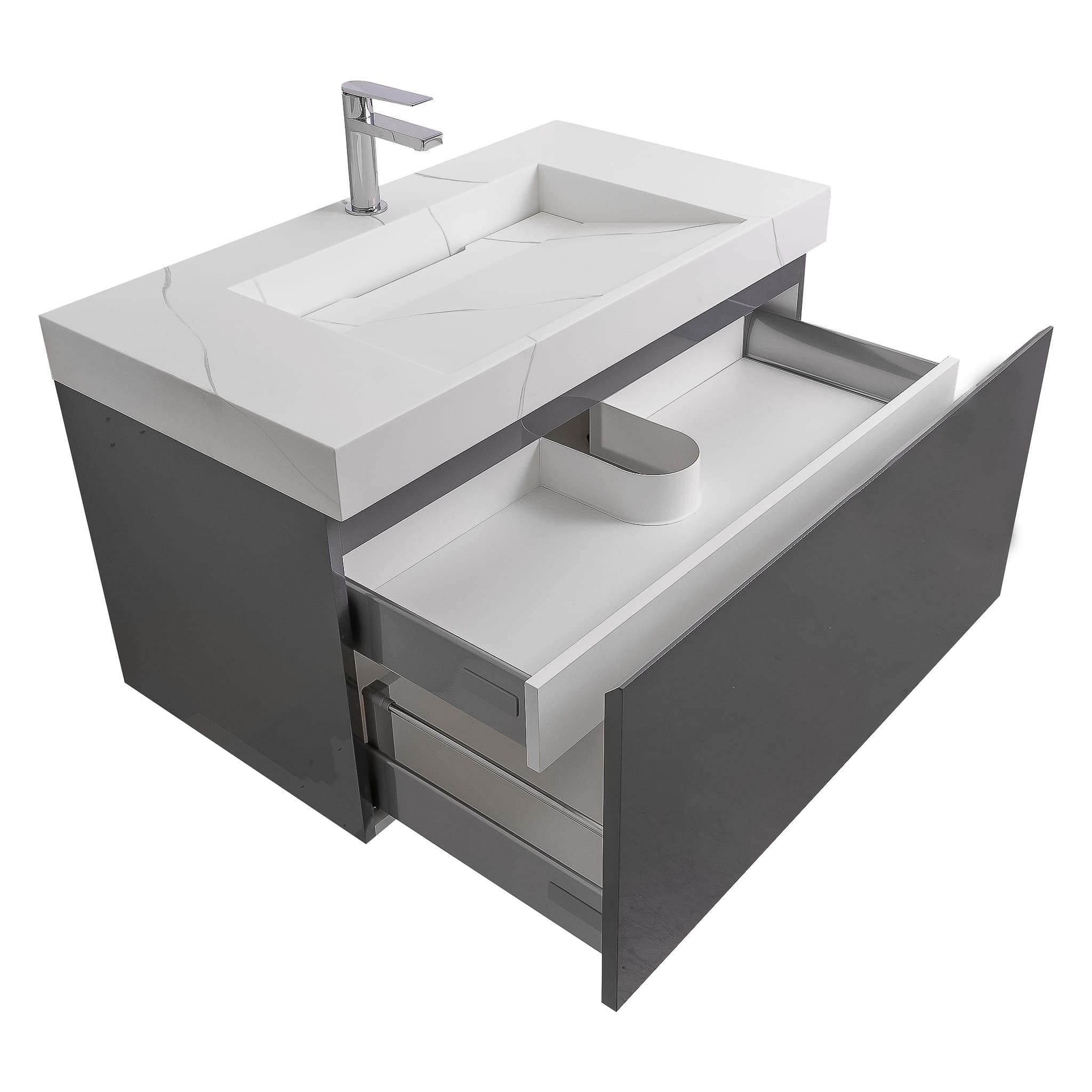 Venice 31.5 Anthracite High Gloss Cabinet, Solid Surface Matte White Top Carrara Infinity Sink, Wall Mounted Modern Vanity Set
