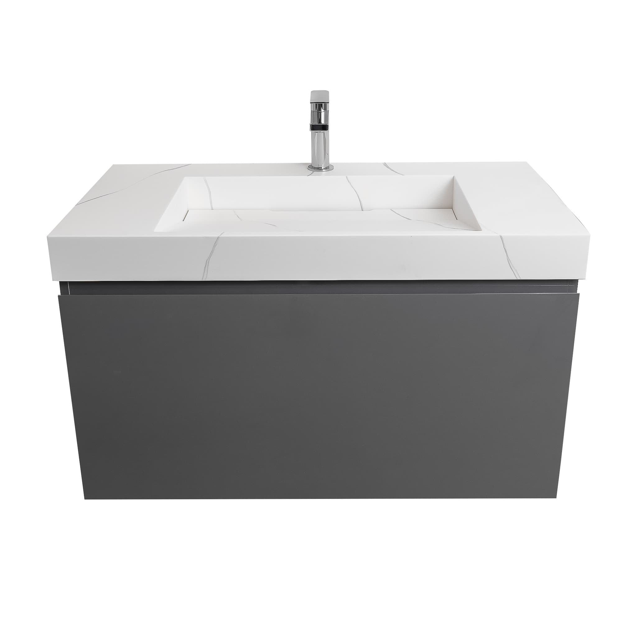 Venice 31.5 Anthracite High Gloss Cabinet, Solid Surface Matte White Top Carrara Infinity Sink, Wall Mounted Modern Vanity Set