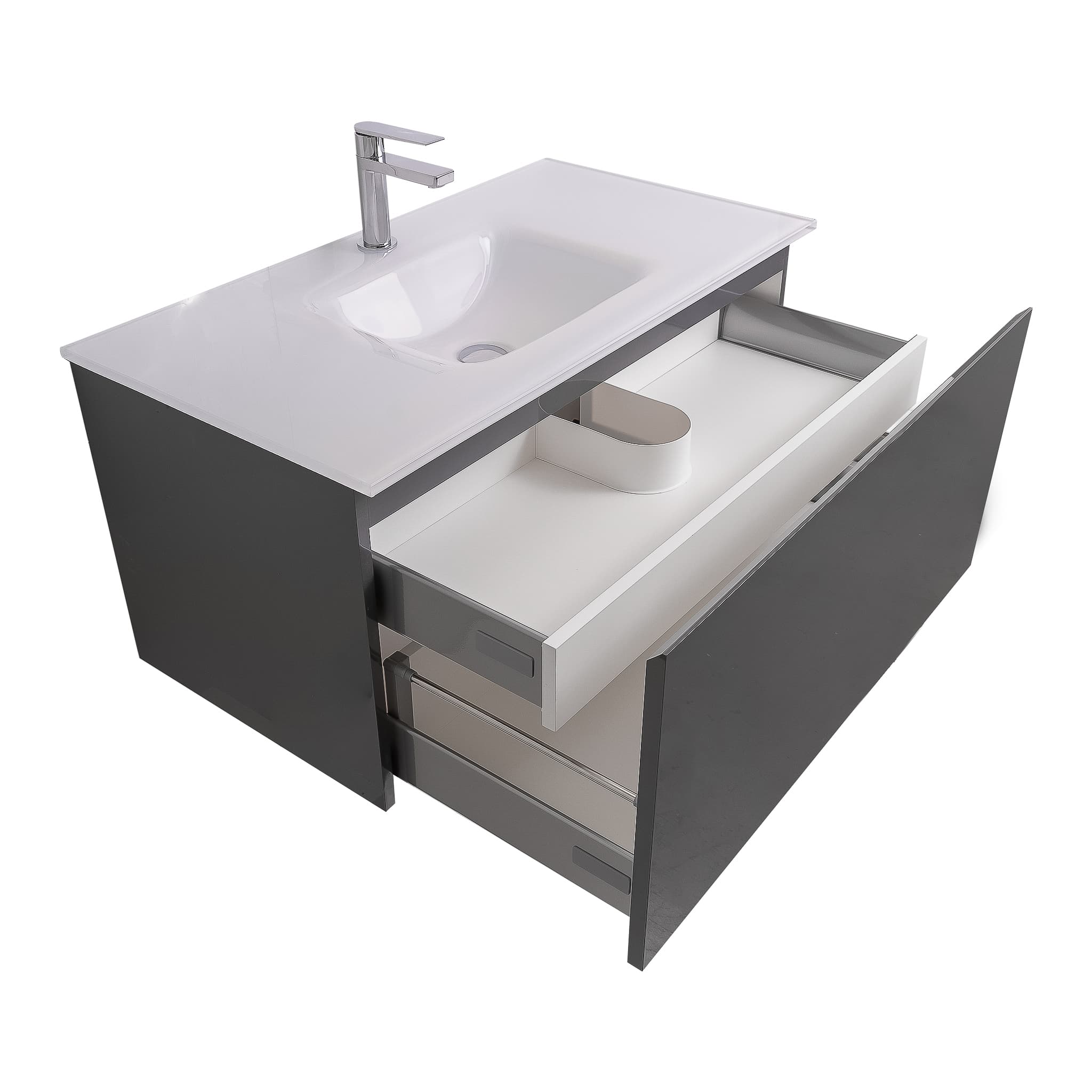 Venice 31.5 Anthracite High Gloss Cabinet, White Tempered Glass Sink, Wall Mounted Modern Vanity Set