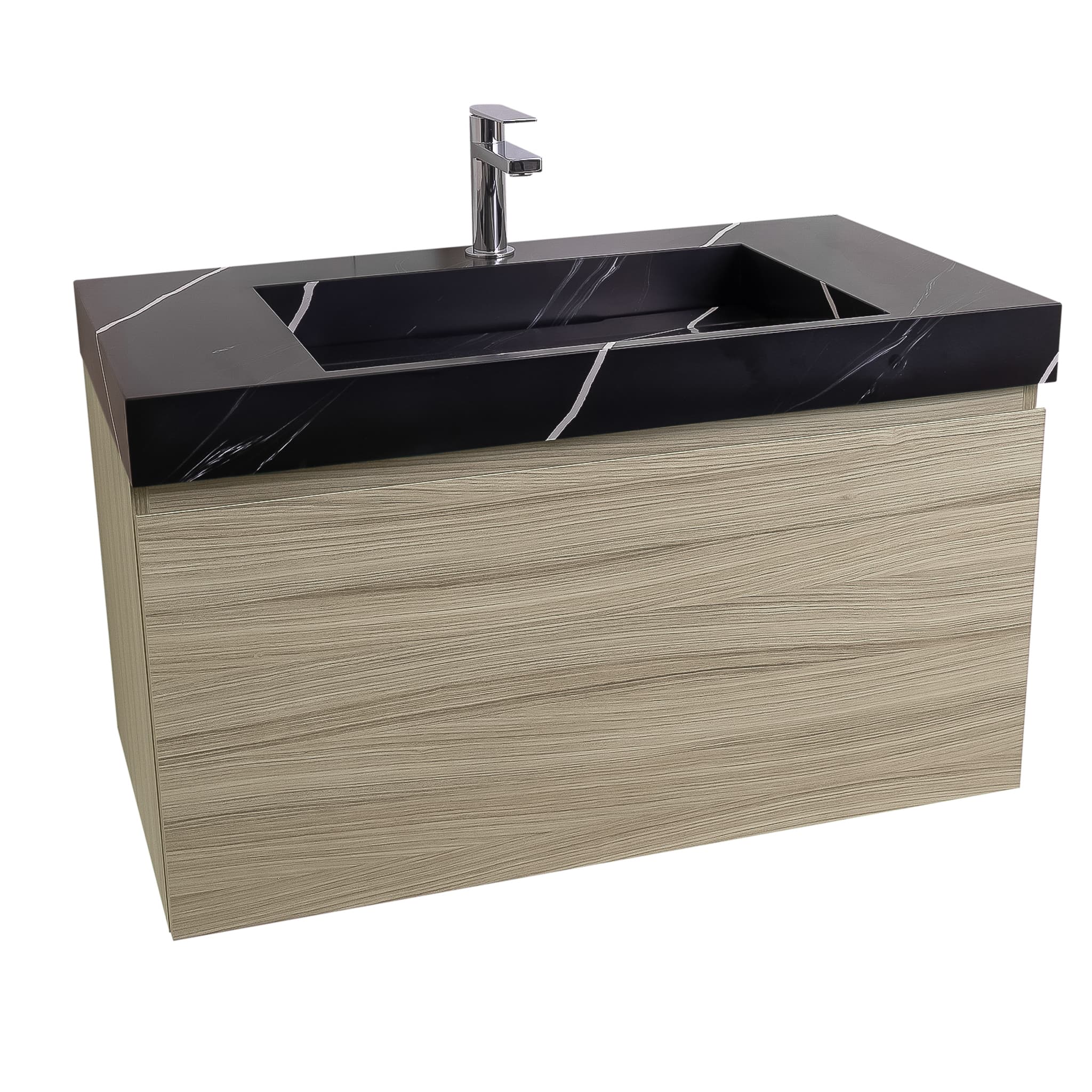 Venice 31.5 Nilo Grey Wood Texture Cabinet, Solid Surface Matte Black Carrara Infinity Sink, Wall Mounted Modern Vanity Set