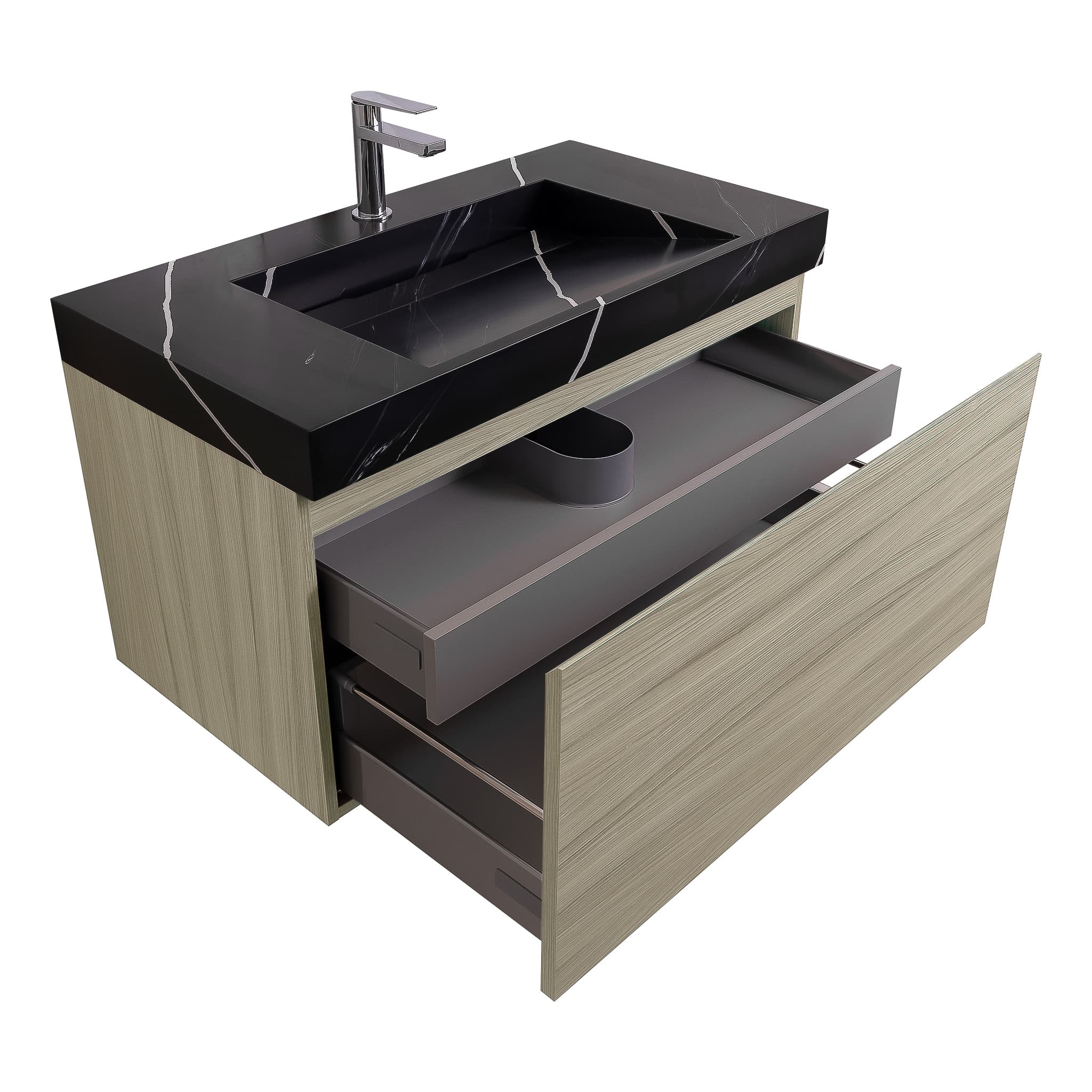 Venice 31.5 Nilo Grey Wood Texture Cabinet, Solid Surface Matte Black Carrara Infinity Sink, Wall Mounted Modern Vanity Set