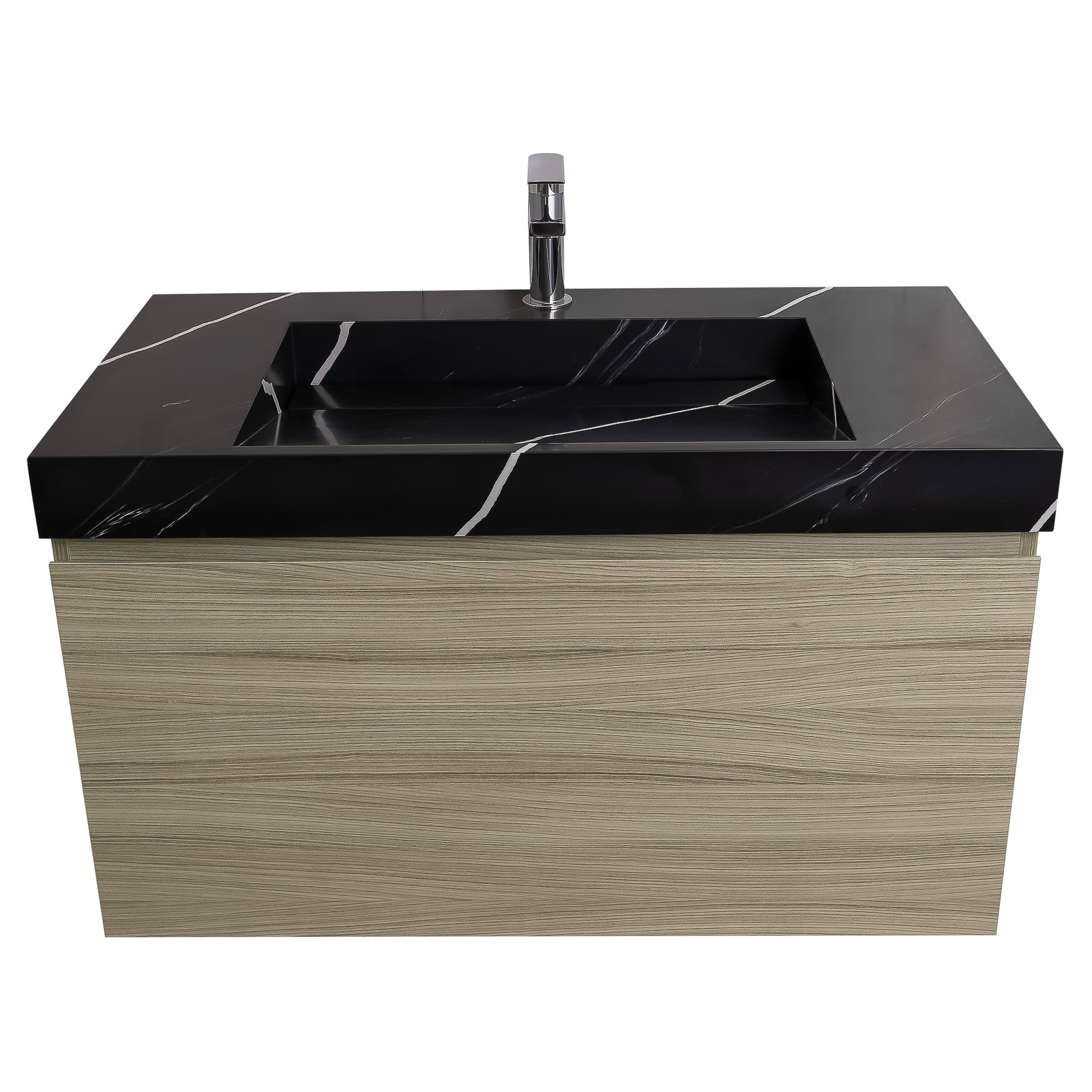 Venice 31.5 Nilo Grey Wood Texture Cabinet, Solid Surface Matte Black Carrara Infinity Sink, Wall Mounted Modern Vanity Set