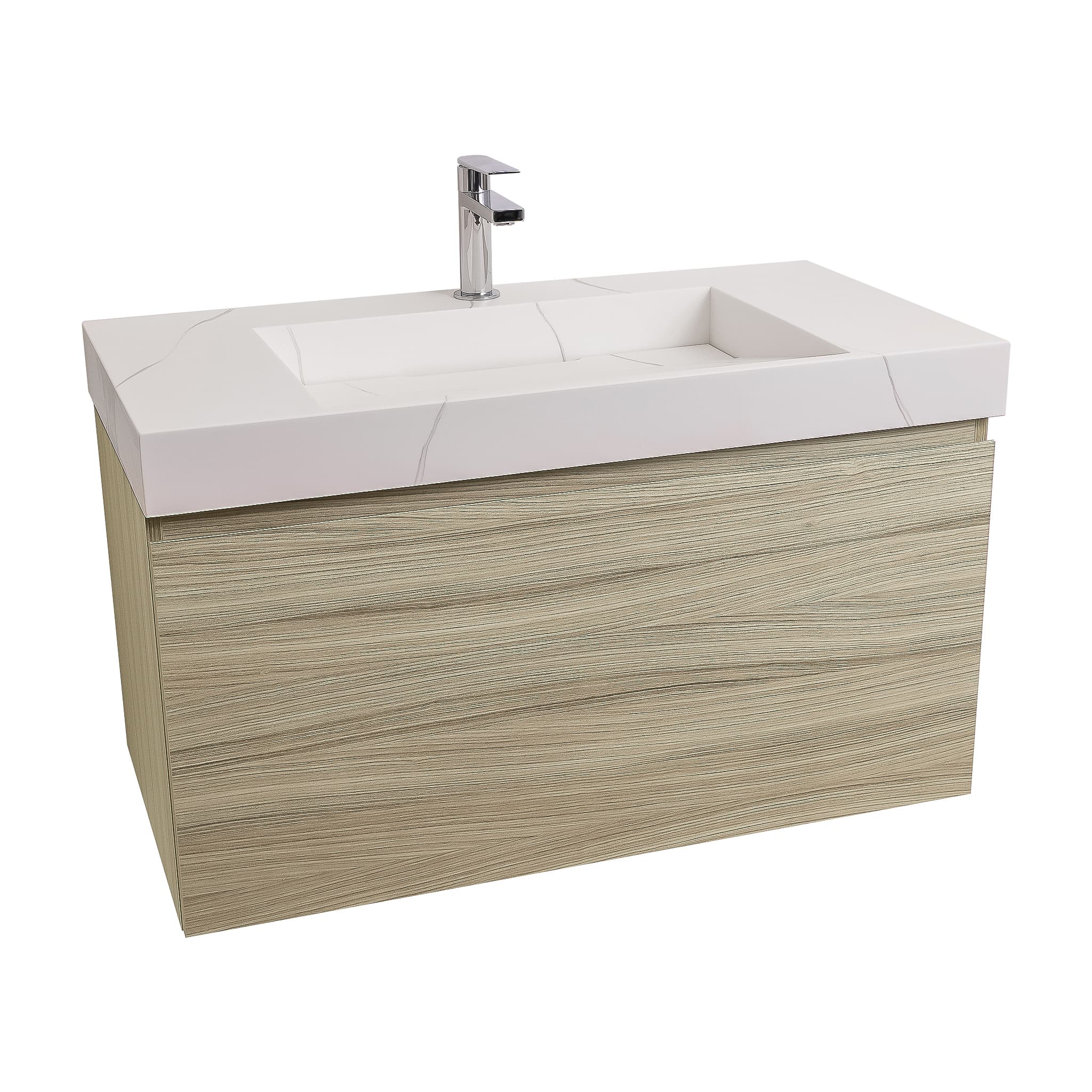 Venice 31.5 Nilo Grey Wood Texture Cabinet, Solid Surface Matte White Top Carrara Infinity Sink, Wall Mounted Modern Vanity Set