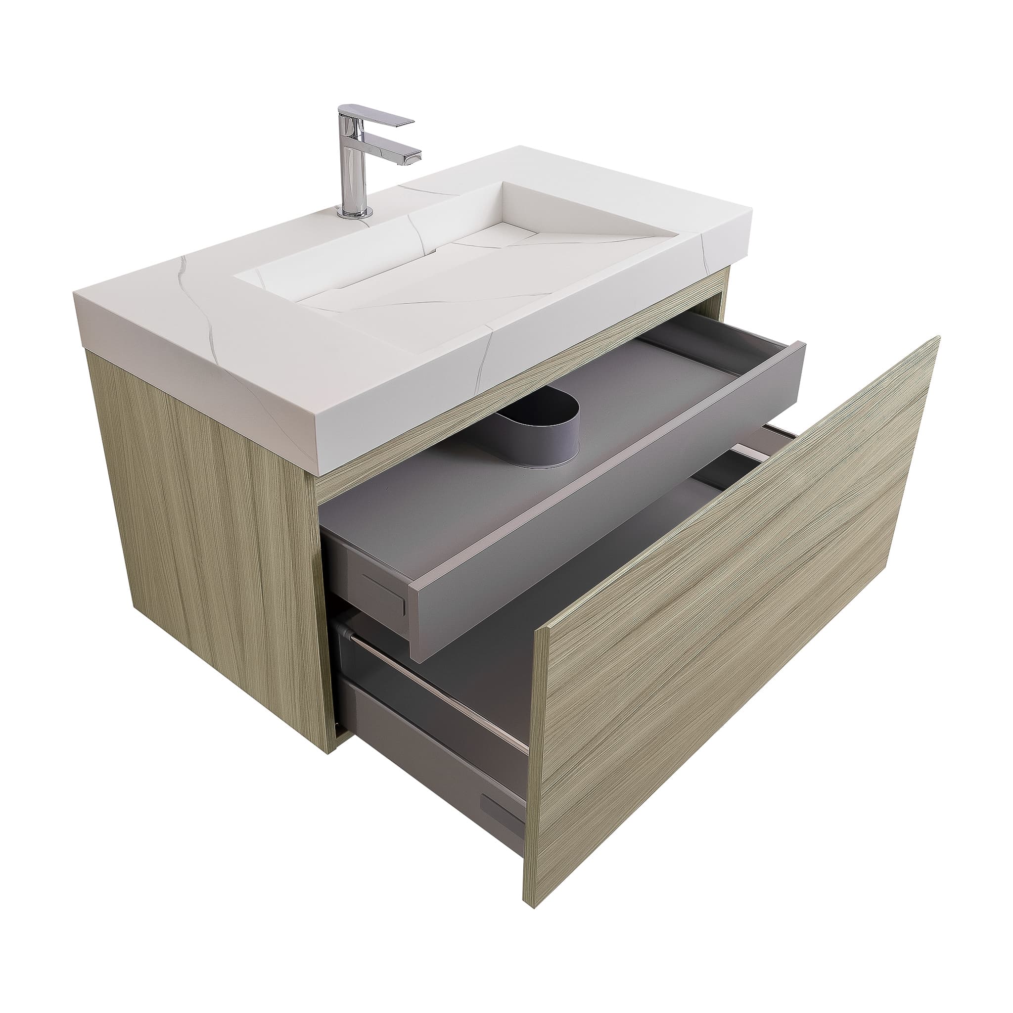 Venice 31.5 Nilo Grey Wood Texture Cabinet, Solid Surface Matte White Top Carrara Infinity Sink, Wall Mounted Modern Vanity Set