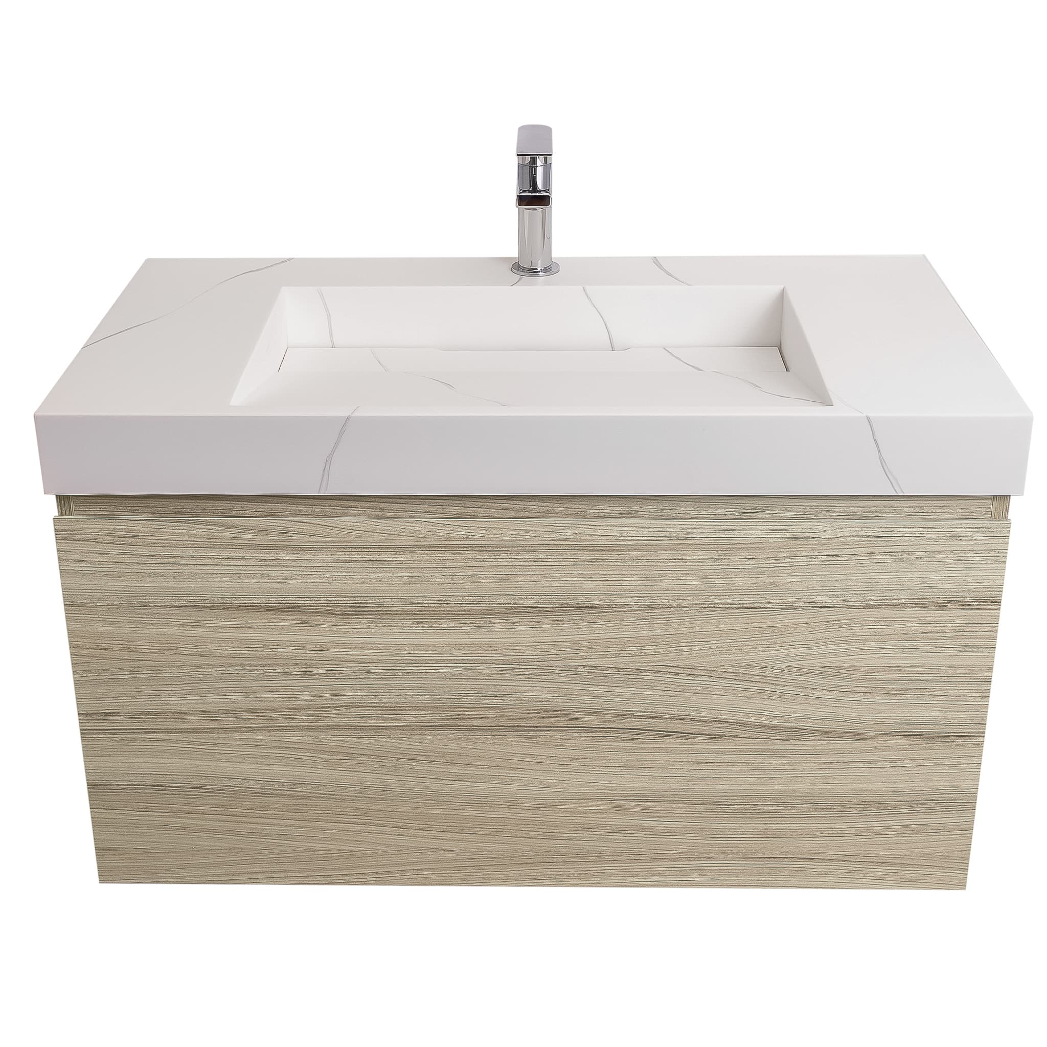 Venice 31.5 Nilo Grey Wood Texture Cabinet, Solid Surface Matte White Top Carrara Infinity Sink, Wall Mounted Modern Vanity Set