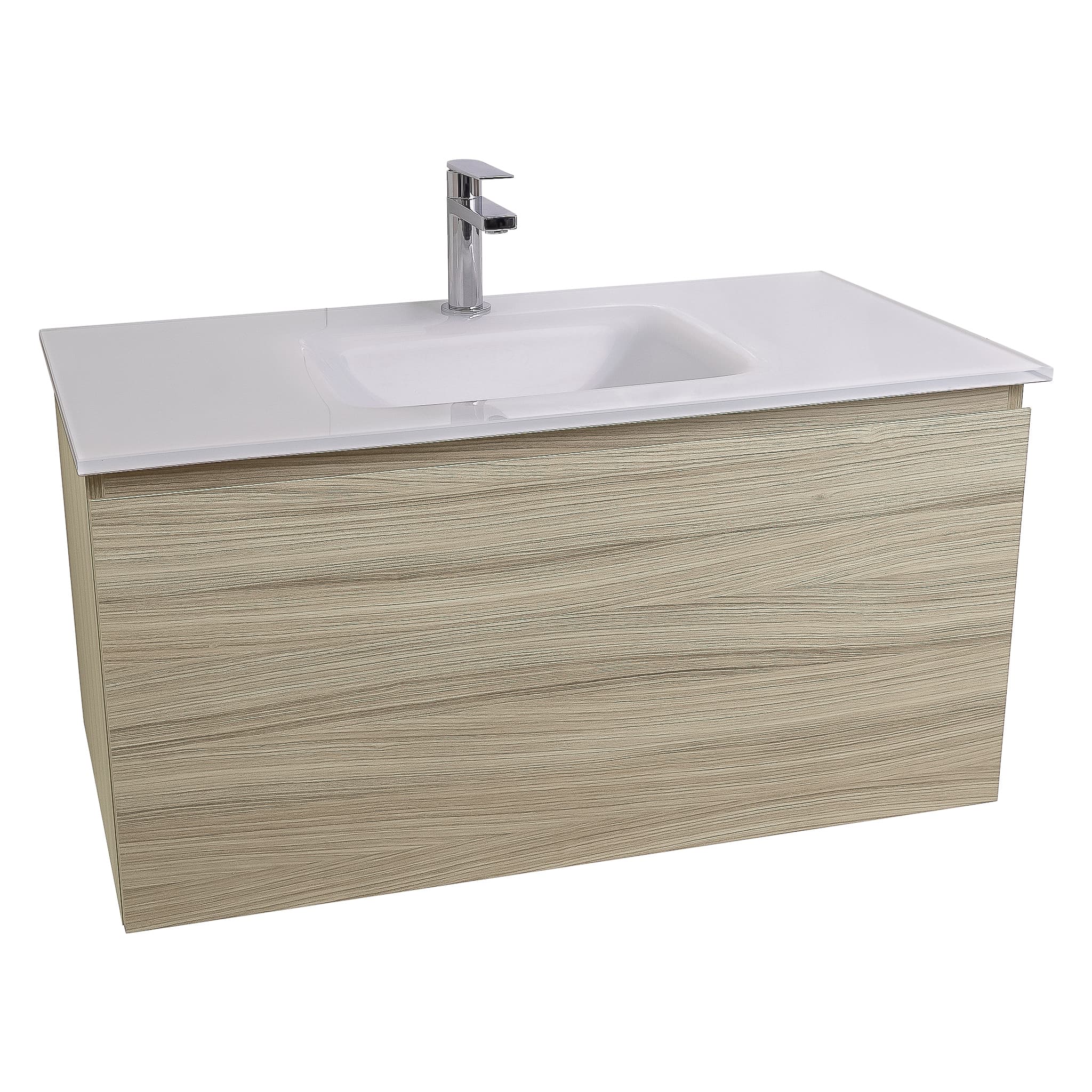 Venice 31.5 Nilo Grey Wood Texture Cabinet, White Tempered Glass Sink, Wall Mounted Modern Vanity Set