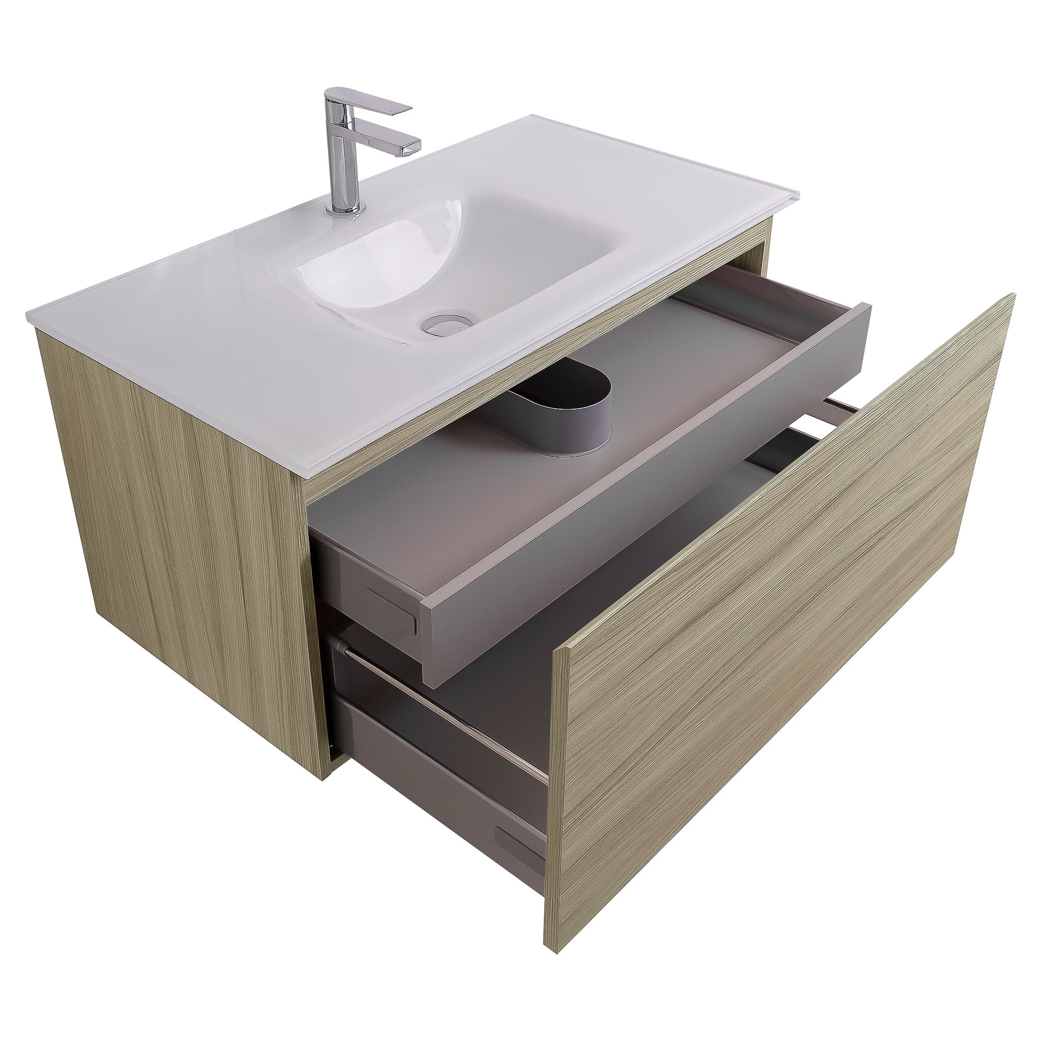 Venice 31.5 Nilo Grey Wood Texture Cabinet, White Tempered Glass Sink, Wall Mounted Modern Vanity Set