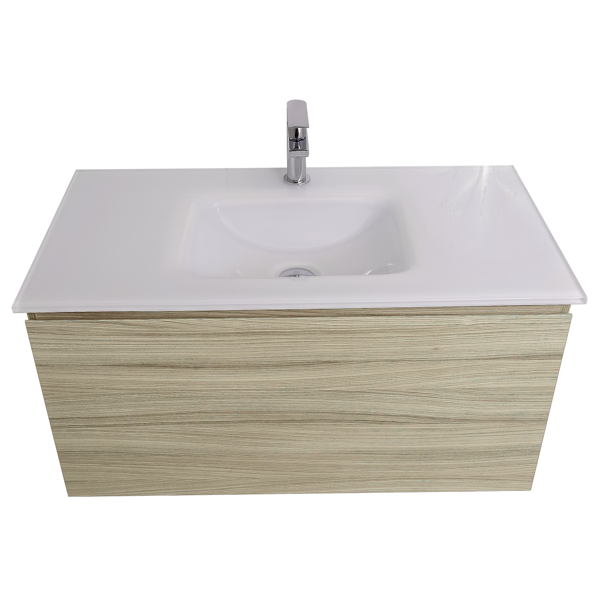 Venice 31.5 Nilo Grey Wood Texture Cabinet, White Tempered Glass Sink, Wall Mounted Modern Vanity Set