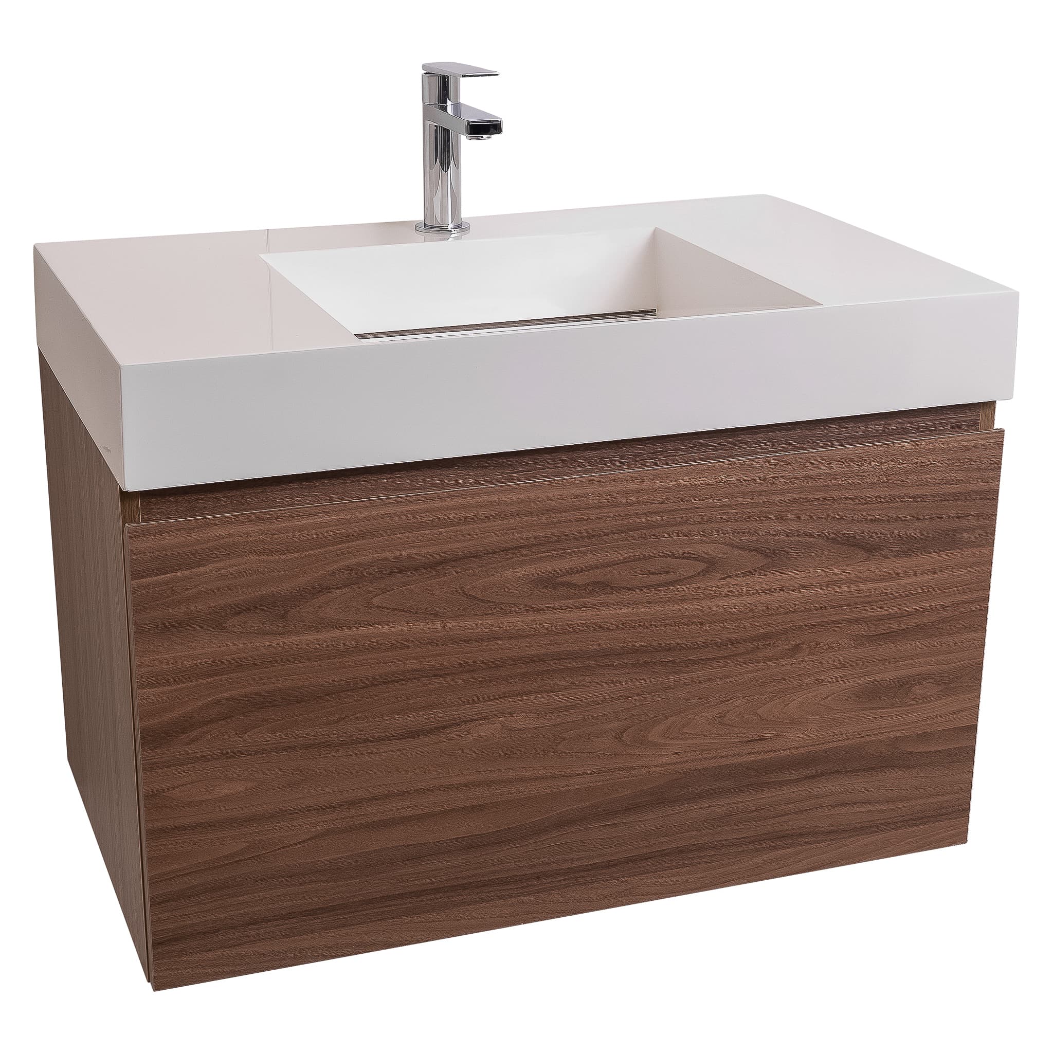 Venice 31.5 Walnut Wood Texture Cabinet, Infinity Cultured Marble Sink, Wall Mounted Modern Vanity Set