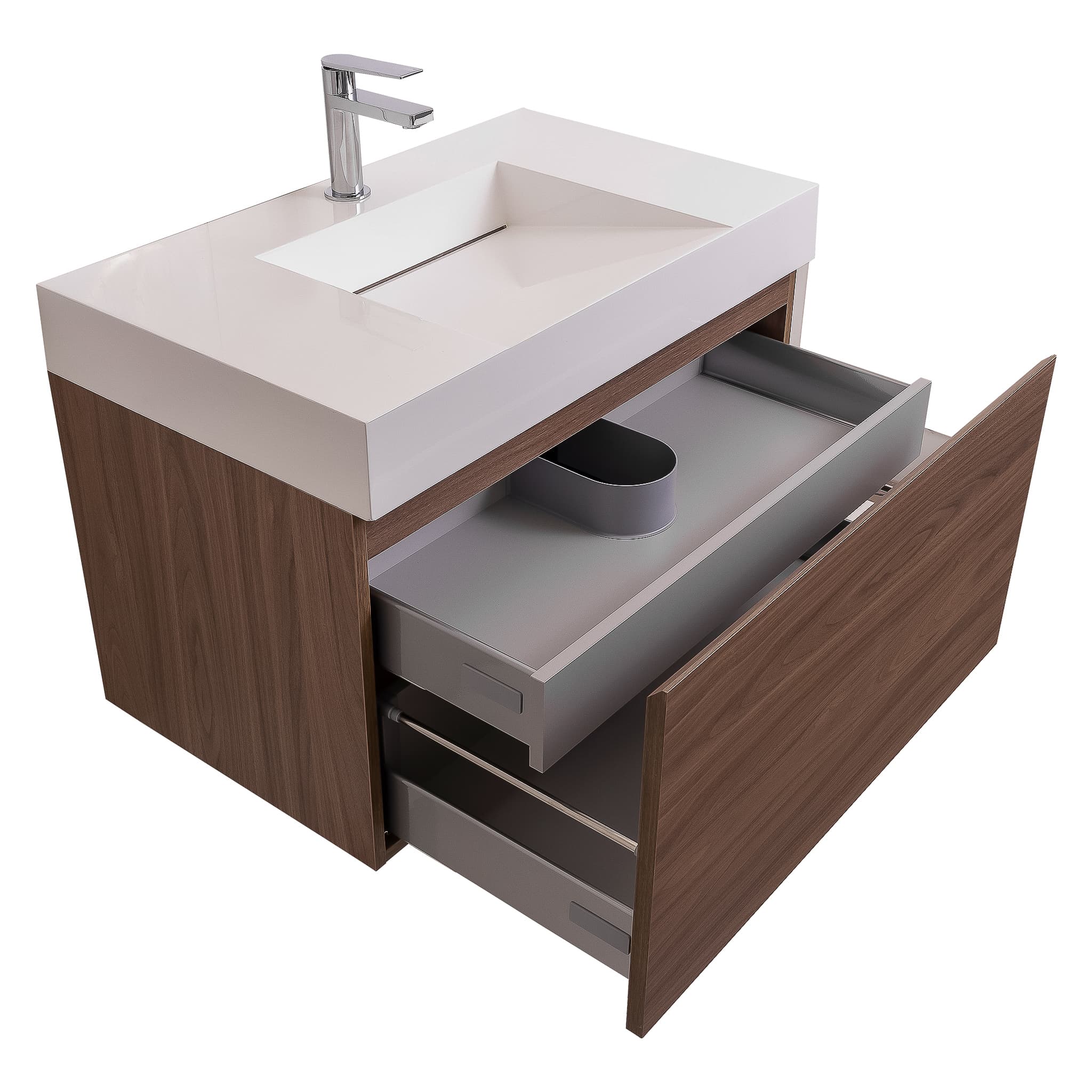 Venice 31.5 Walnut Wood Texture Cabinet, Infinity Cultured Marble Sink, Wall Mounted Modern Vanity Set