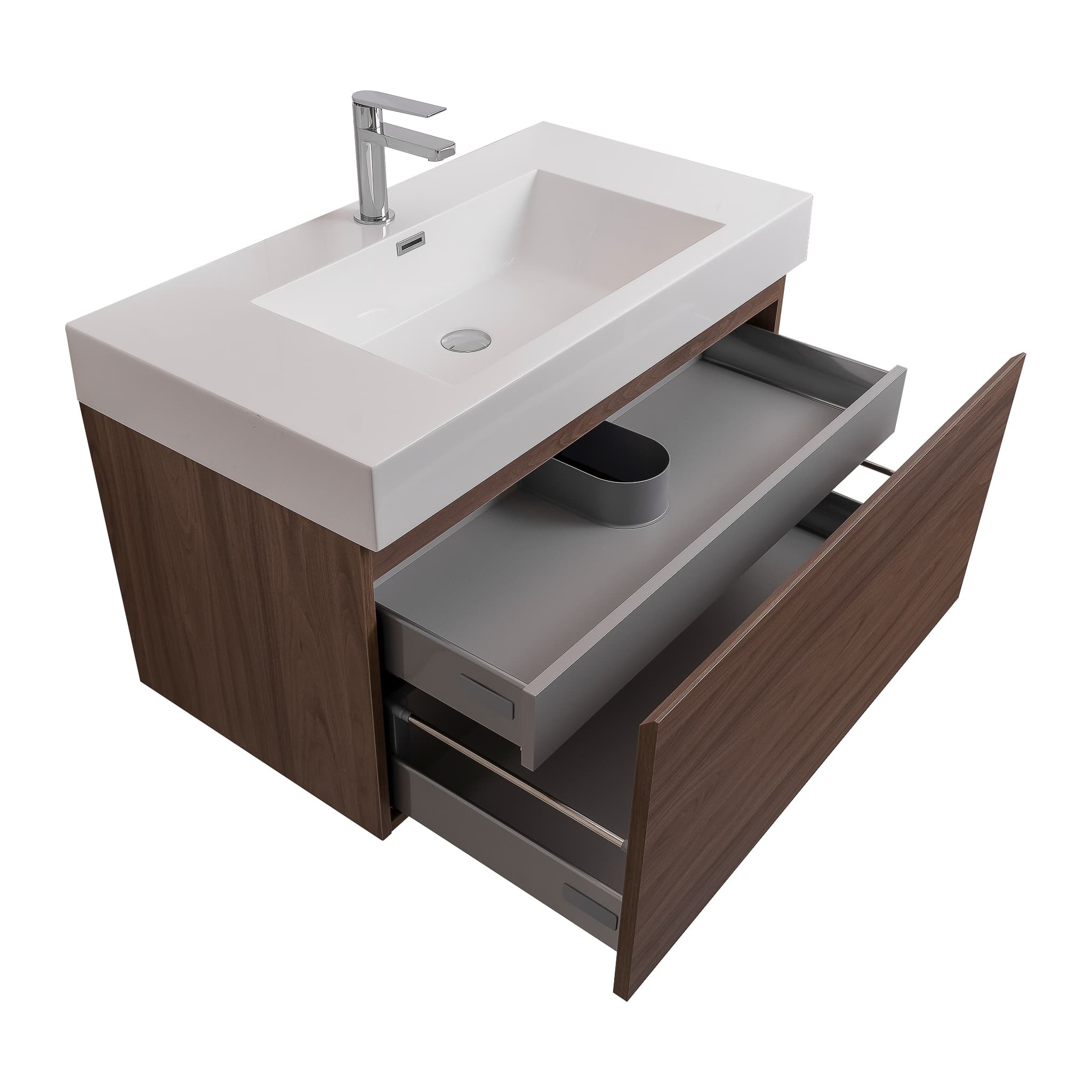 Venice 31.5 Walnut Wood Texture Cabinet, Square Cultured Marble Sink, Wall Mounted Modern Vanity Set