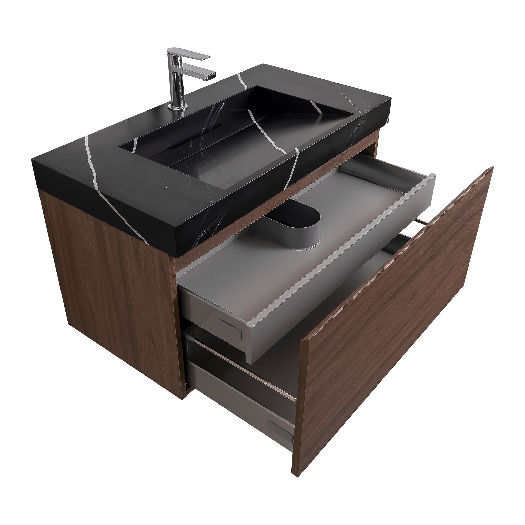 Venice 31.5 Walnut Wood Texture Cabinet, Solid Surface Matte Black Carrara Infinity Sink, Wall Mounted Modern Vanity Set