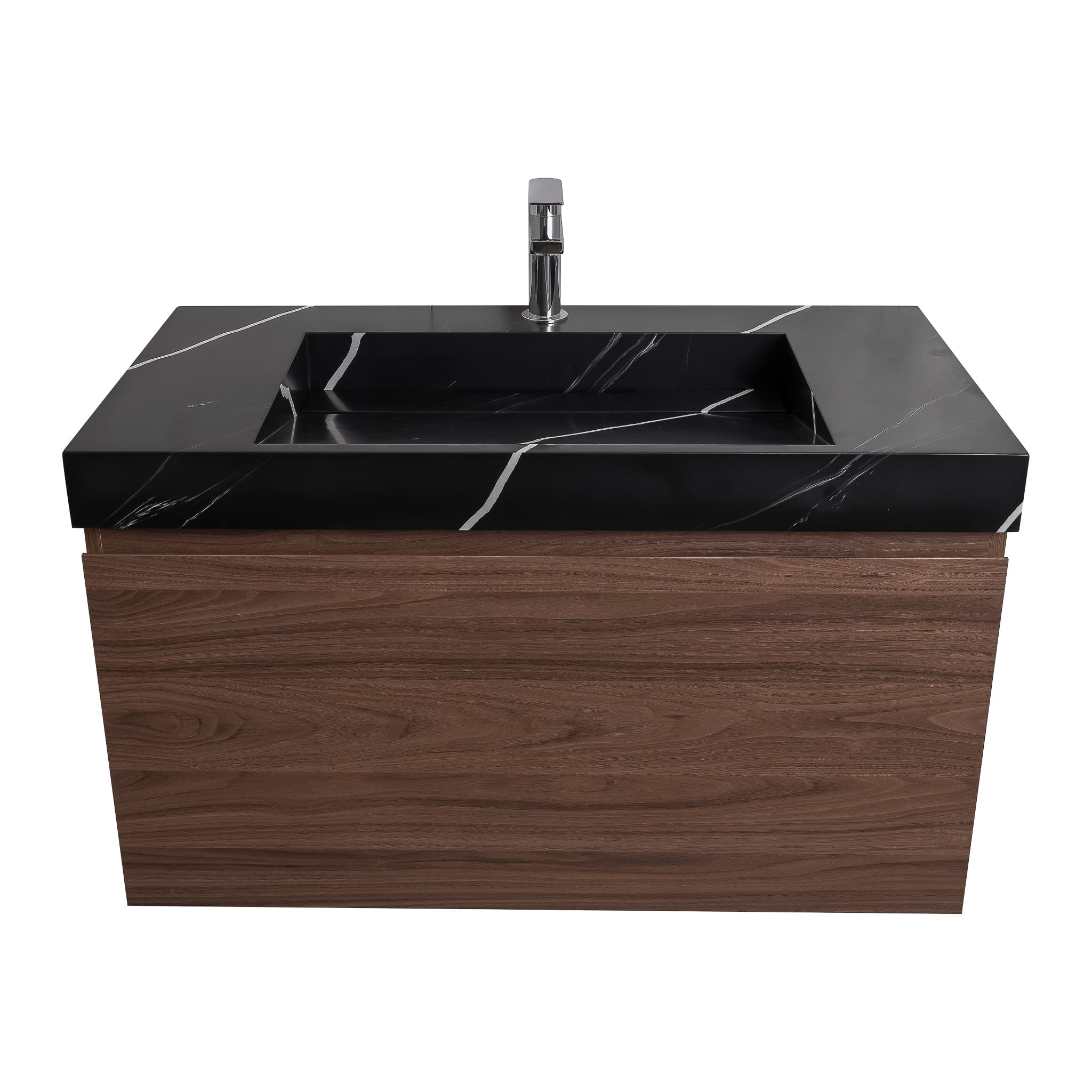 Venice 31.5 Walnut Wood Texture Cabinet, Solid Surface Matte Black Carrara Infinity Sink, Wall Mounted Modern Vanity Set