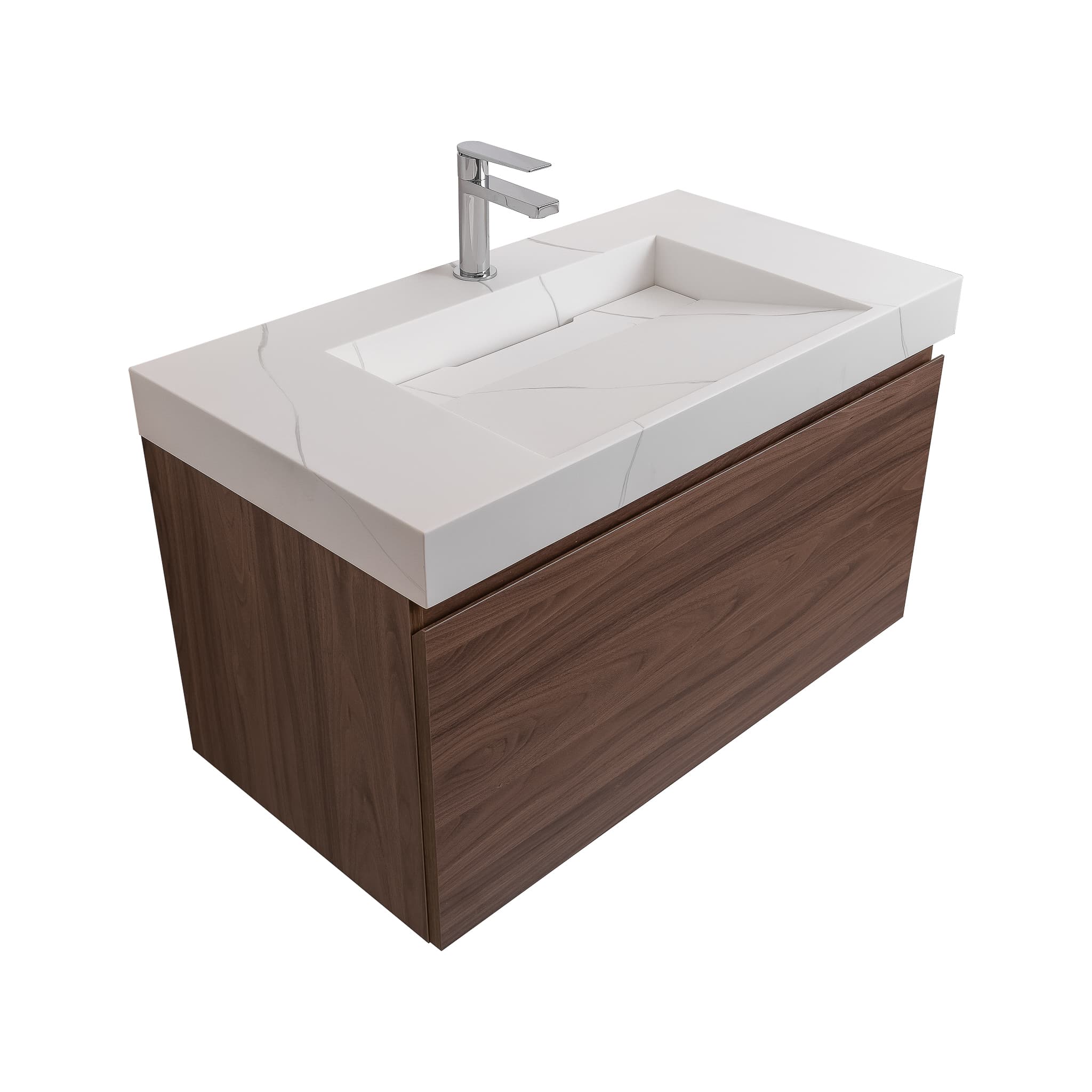Venice 31.5 Walnut Wood Texture Cabinet, Solid Surface Matte White Top Carrara Infinity Sink, Wall Mounted Modern Vanity Set