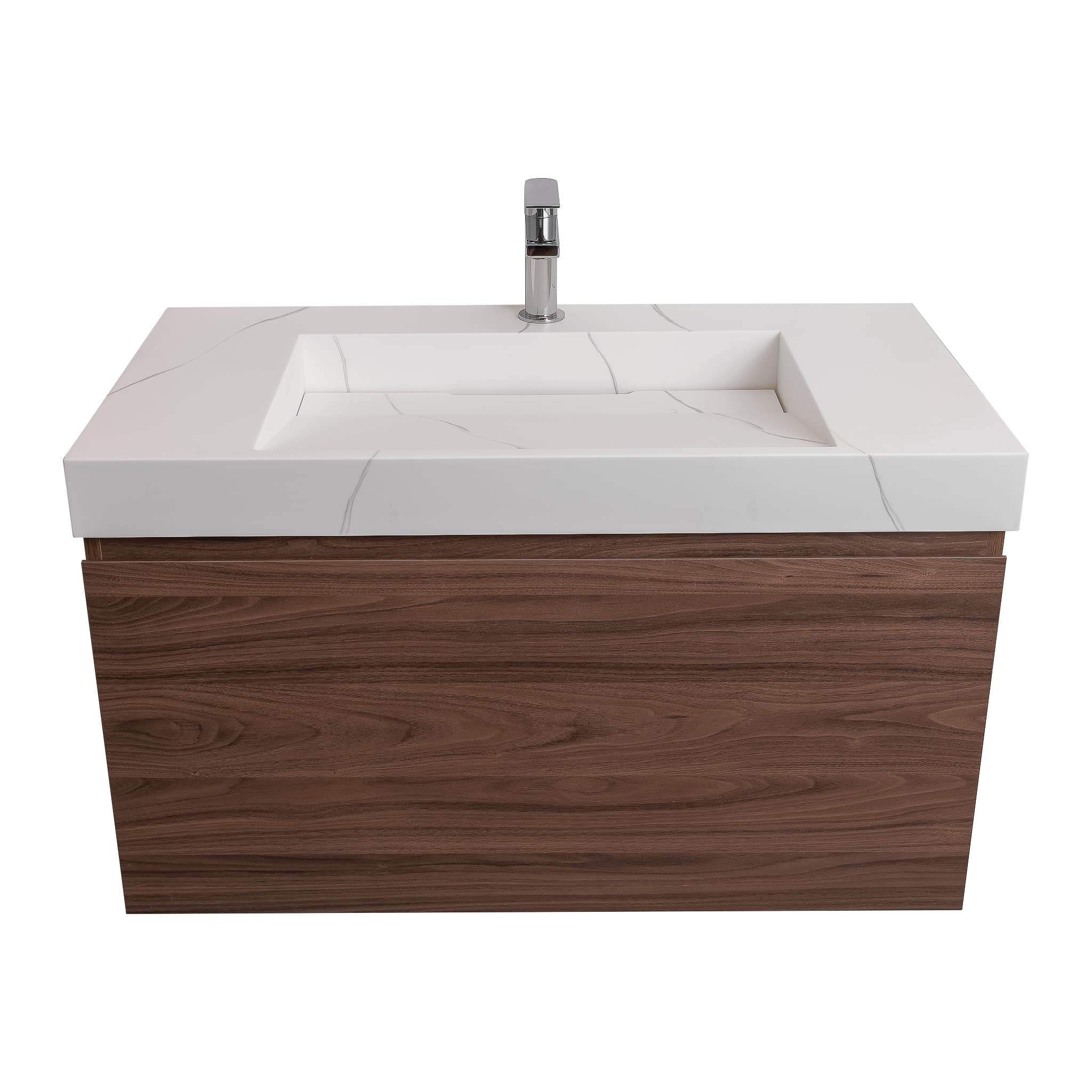 Venice 31.5 Walnut Wood Texture Cabinet, Solid Surface Matte White Top Carrara Infinity Sink, Wall Mounted Modern Vanity Set