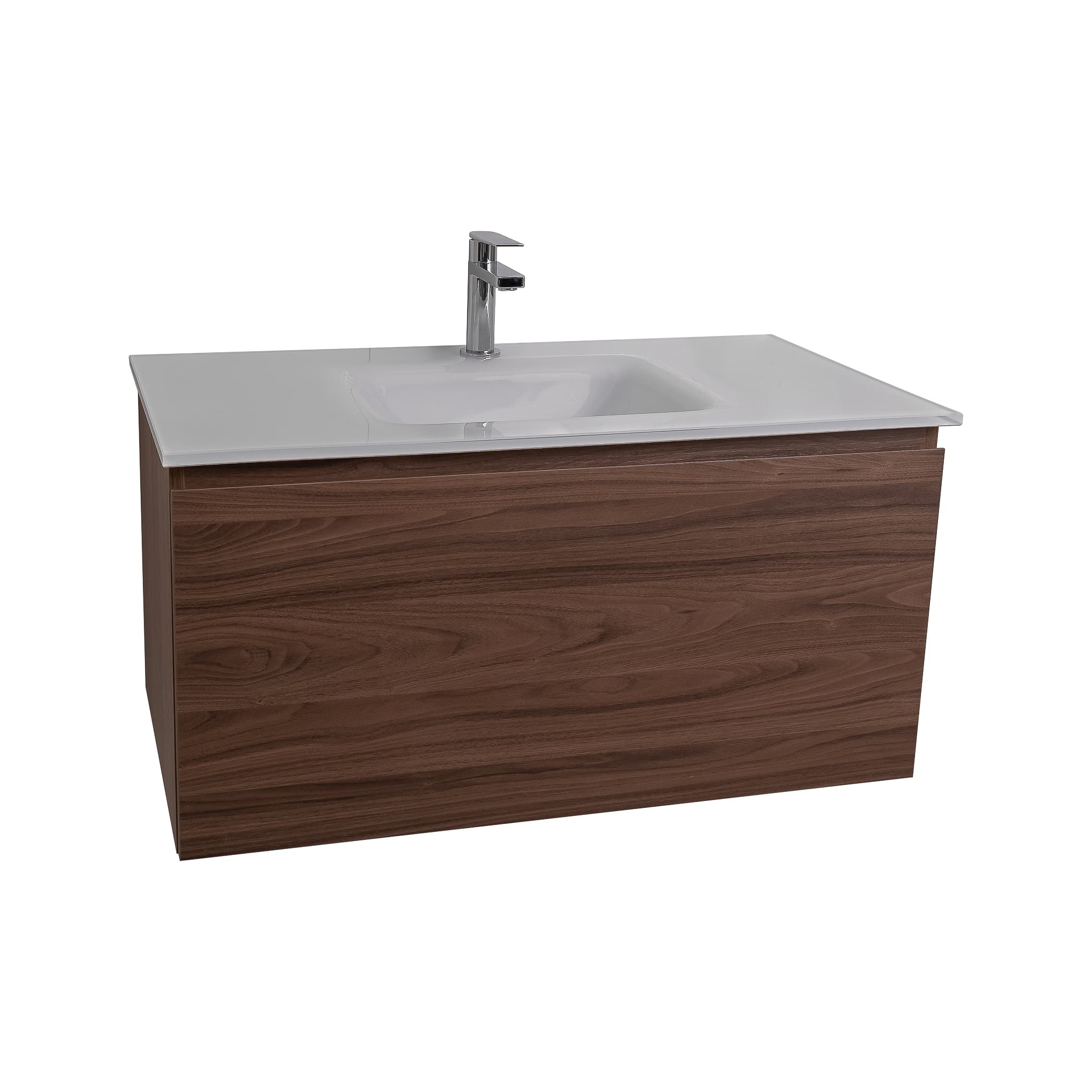 Venice 31.5 Walnut Wood Texture Cabinet, White Tempered Glass Sink, Wall Mounted Modern Vanity Set