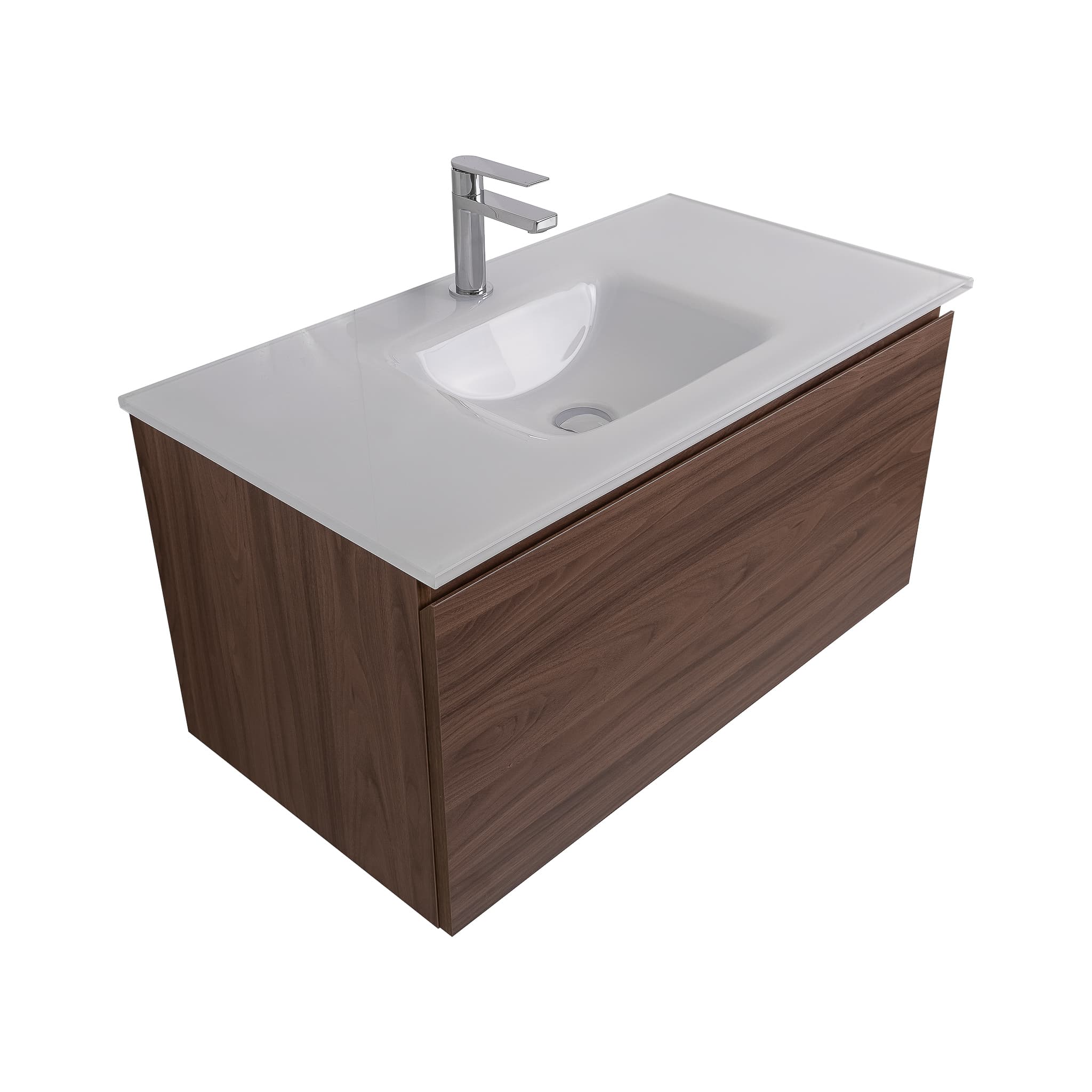 Venice 31.5 Walnut Wood Texture Cabinet, White Tempered Glass Sink, Wall Mounted Modern Vanity Set