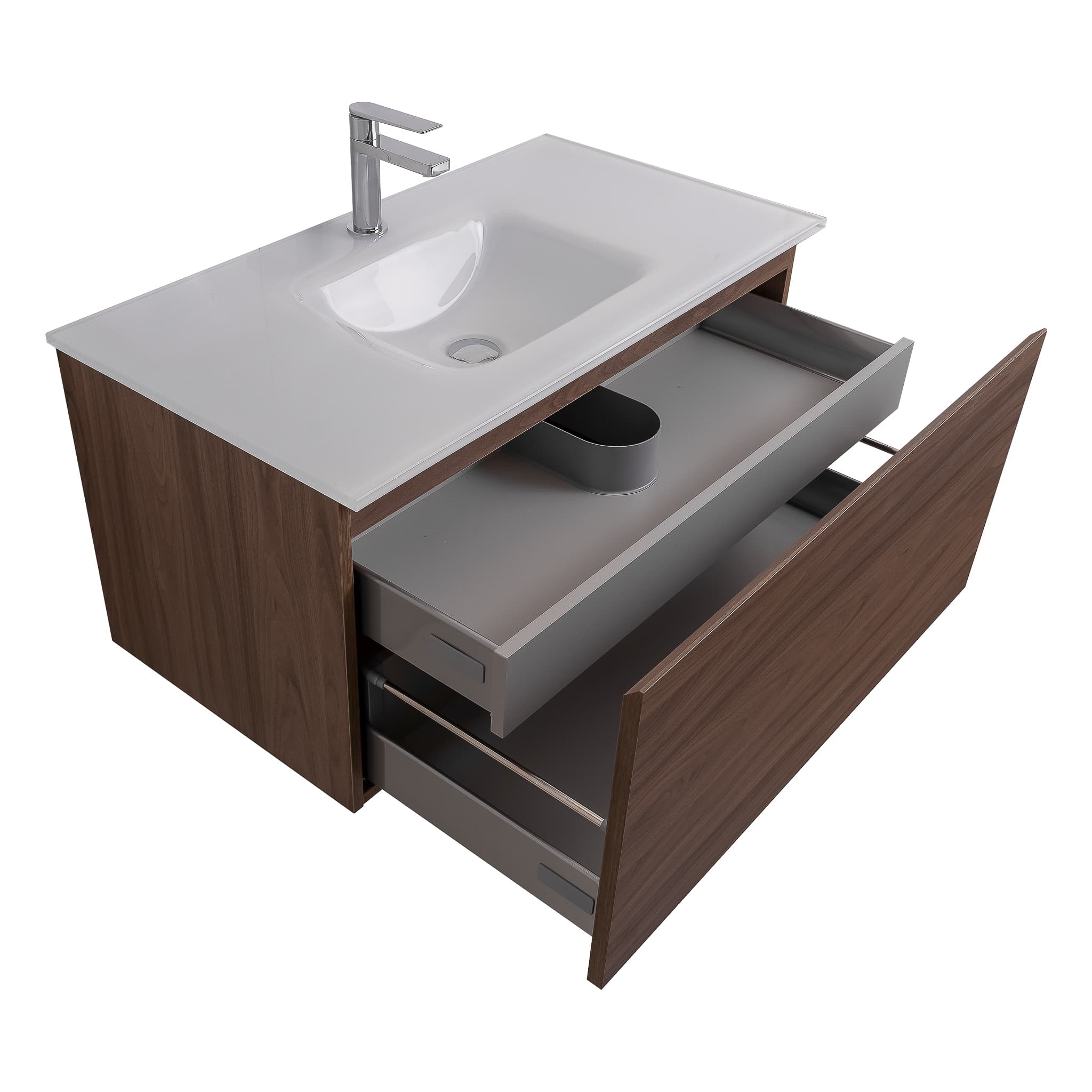 Venice 31.5 Walnut Wood Texture Cabinet, White Tempered Glass Sink, Wall Mounted Modern Vanity Set