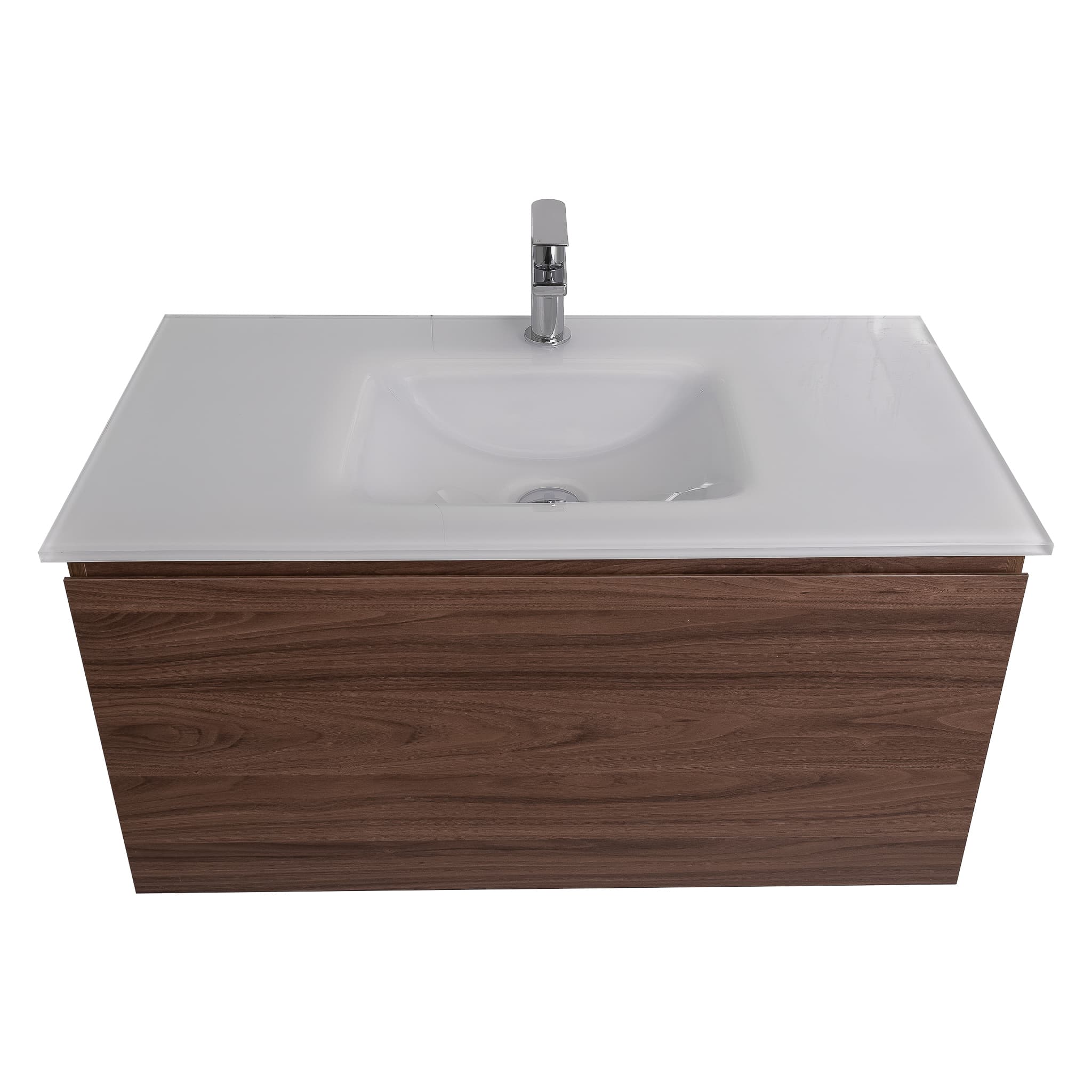 Venice 31.5 Walnut Wood Texture Cabinet, White Tempered Glass Sink, Wall Mounted Modern Vanity Set