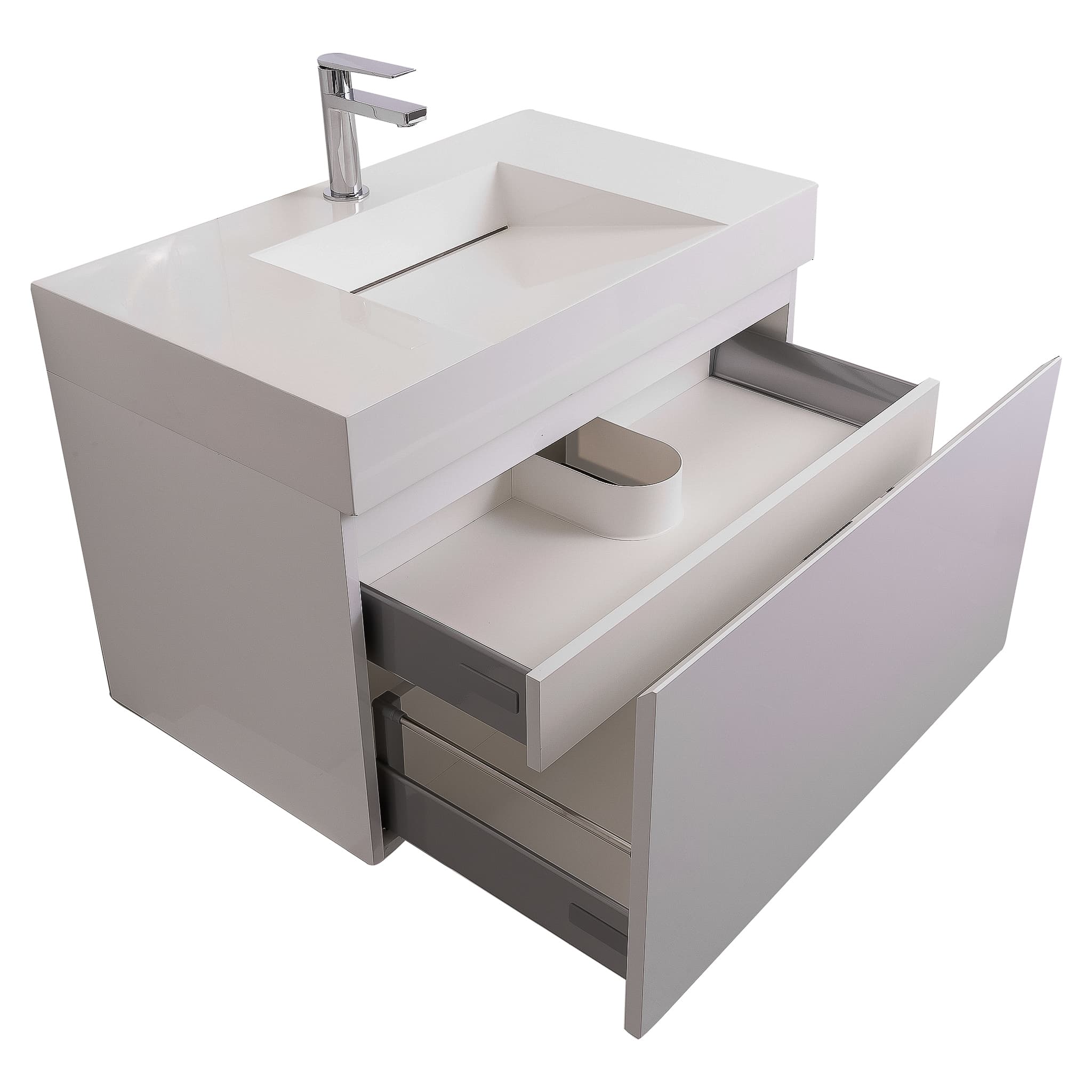 Venice 31.5 White High Gloss Cabinet, Infinity Cultured Marble Sink, Wall Mounted Modern Vanity Set Bath Trends USA