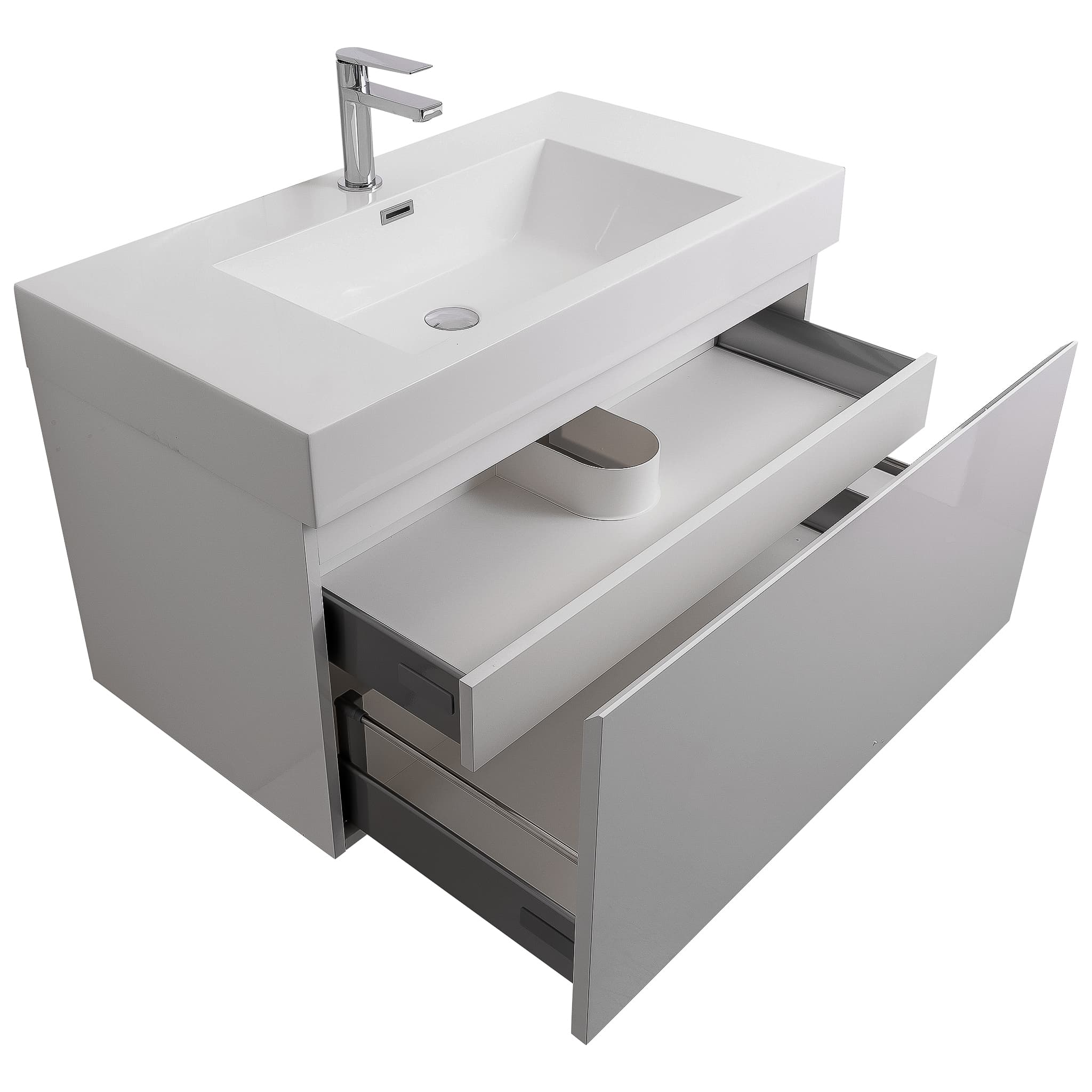 Venice 31.5 White High Gloss Cabinet, Square Cultured Marble Sink, Wall Mounted Modern Vanity Set