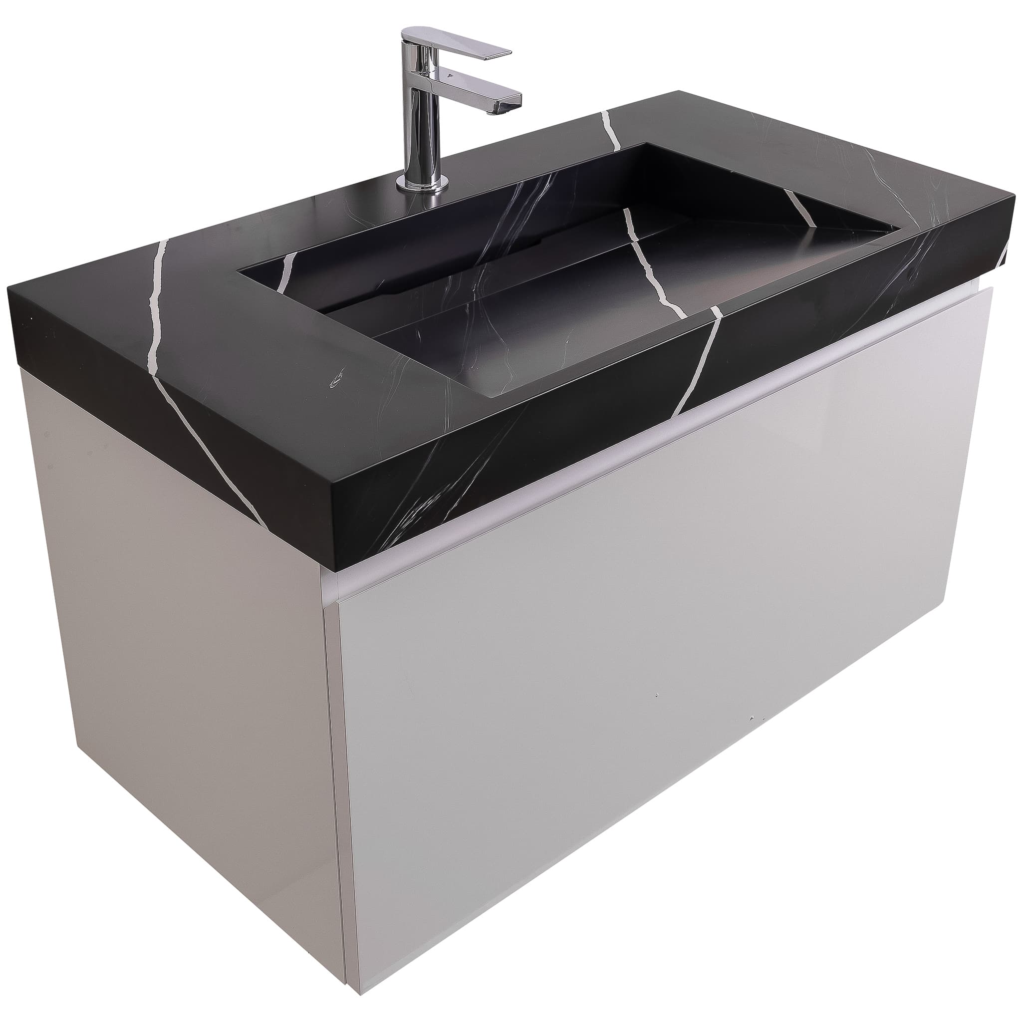 Venice 31.5 White High Gloss Cabinet, Solid Surface Matte Black Carrara Infinity Sink, Wall Mounted Modern Vanity Set