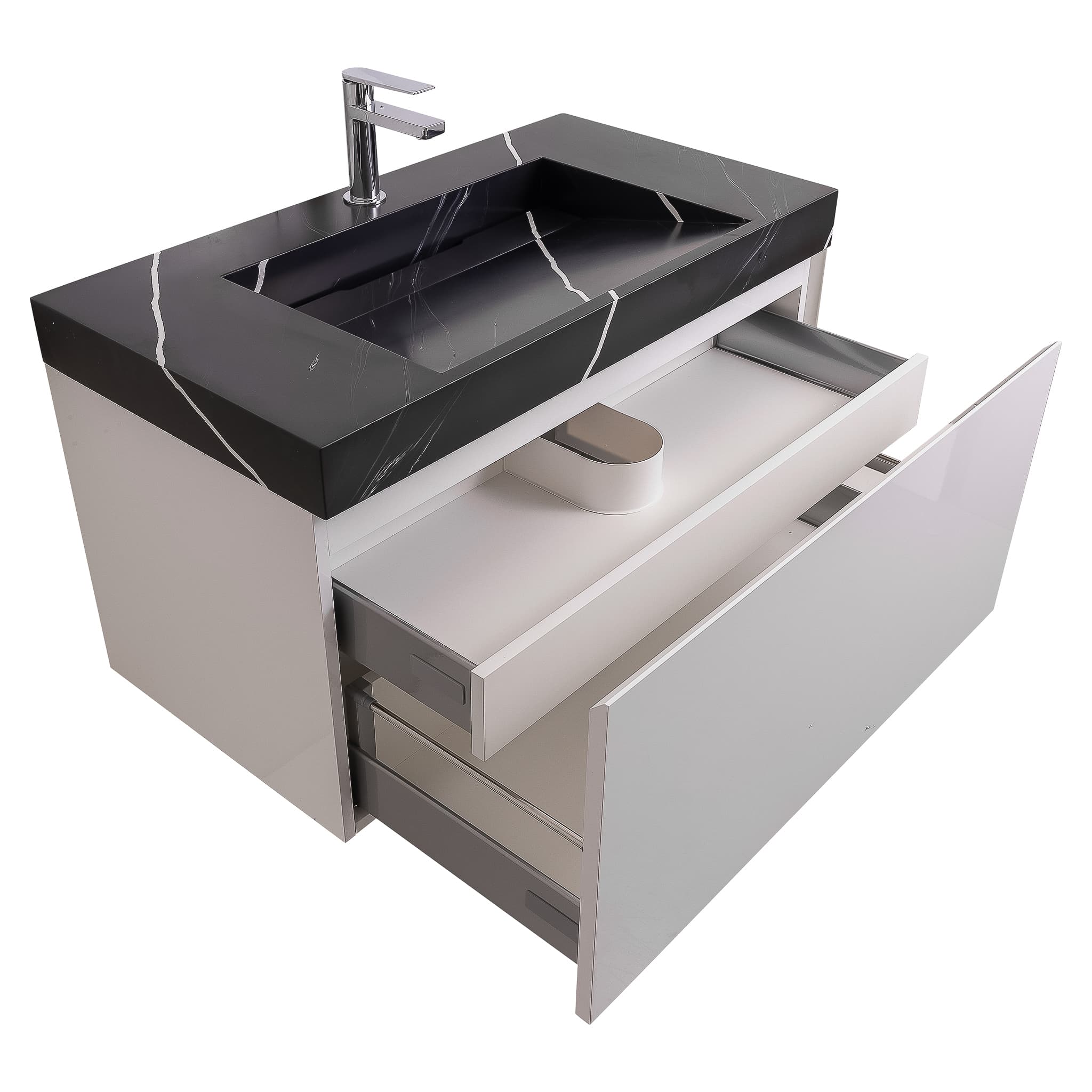 Venice 31.5 White High Gloss Cabinet, Solid Surface Matte Black Carrara Infinity Sink, Wall Mounted Modern Vanity Set