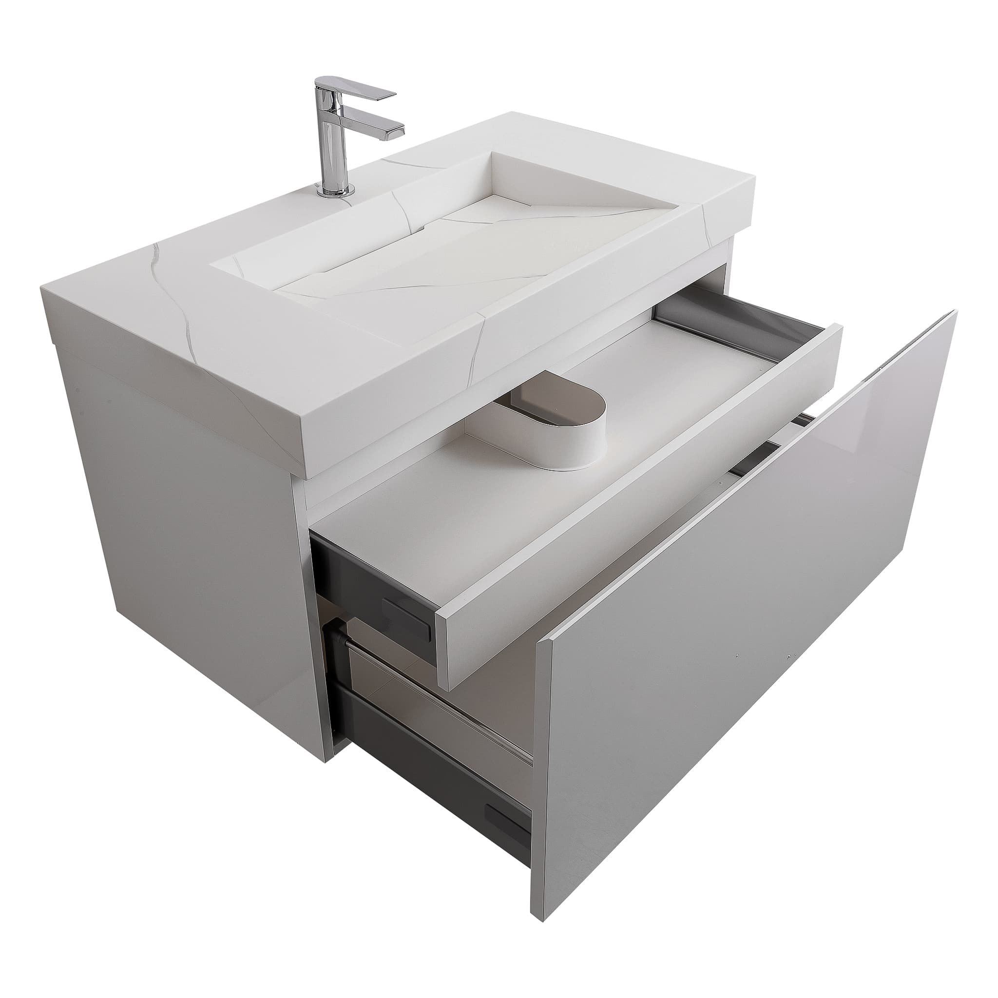 Venice 31.5 White High Gloss Cabinet, Solid Surface Matte White Top Carrara Infinity Sink, Wall Mounted Modern Vanity Set