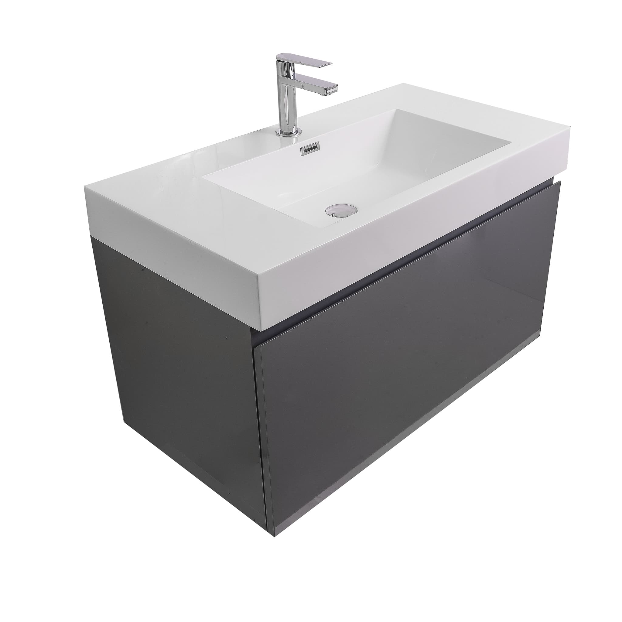 Venice 35.5 Anthracite High Gloss Cabinet, Square Cultured Marble Sink, Wall Mounted Modern Vanity Set