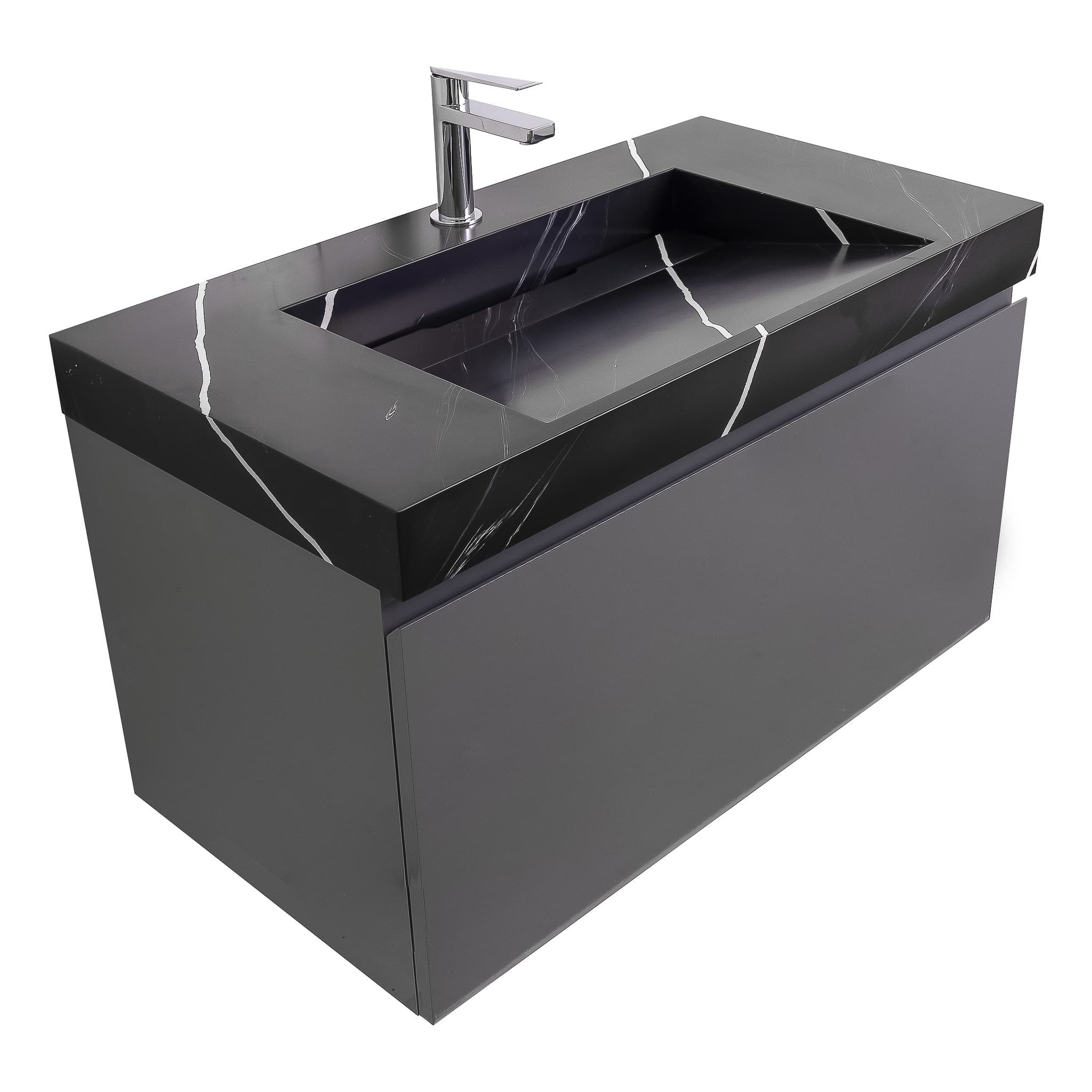 Venice 35.5 Anthracite High Gloss Cabinet, Solid Surface Matte Black Carrara Infinity Sink, Wall Mounted Modern Vanity Set