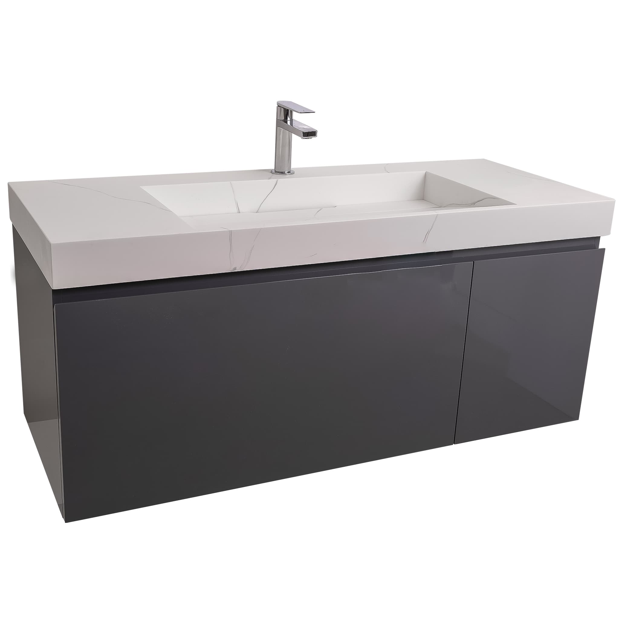 Venice 47.5 Anthracite High Gloss Cabinet, Solid Surface Matte White Top Carrara Infinity Sink, Wall Mounted Modern Vanity Set
