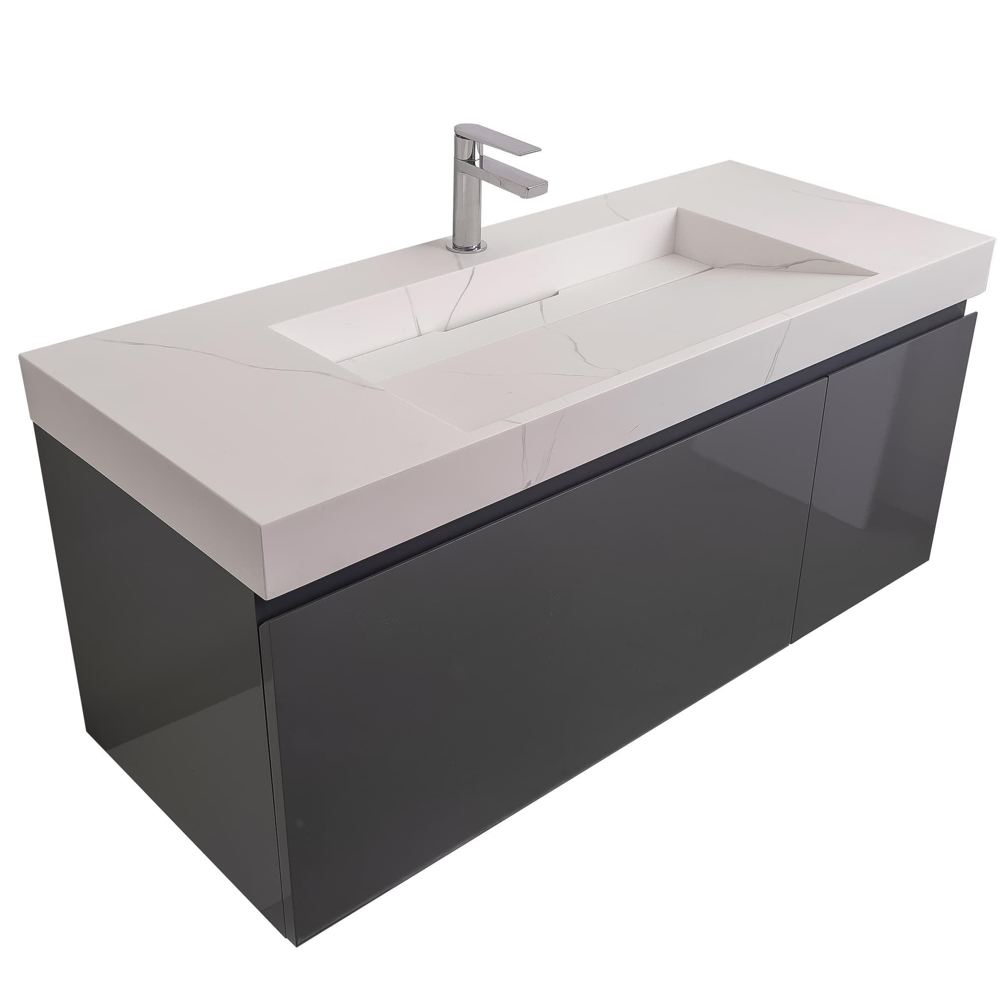 Venice 47.5 Anthracite High Gloss Cabinet, Solid Surface Matte White Top Carrara Infinity Sink, Wall Mounted Modern Vanity Set