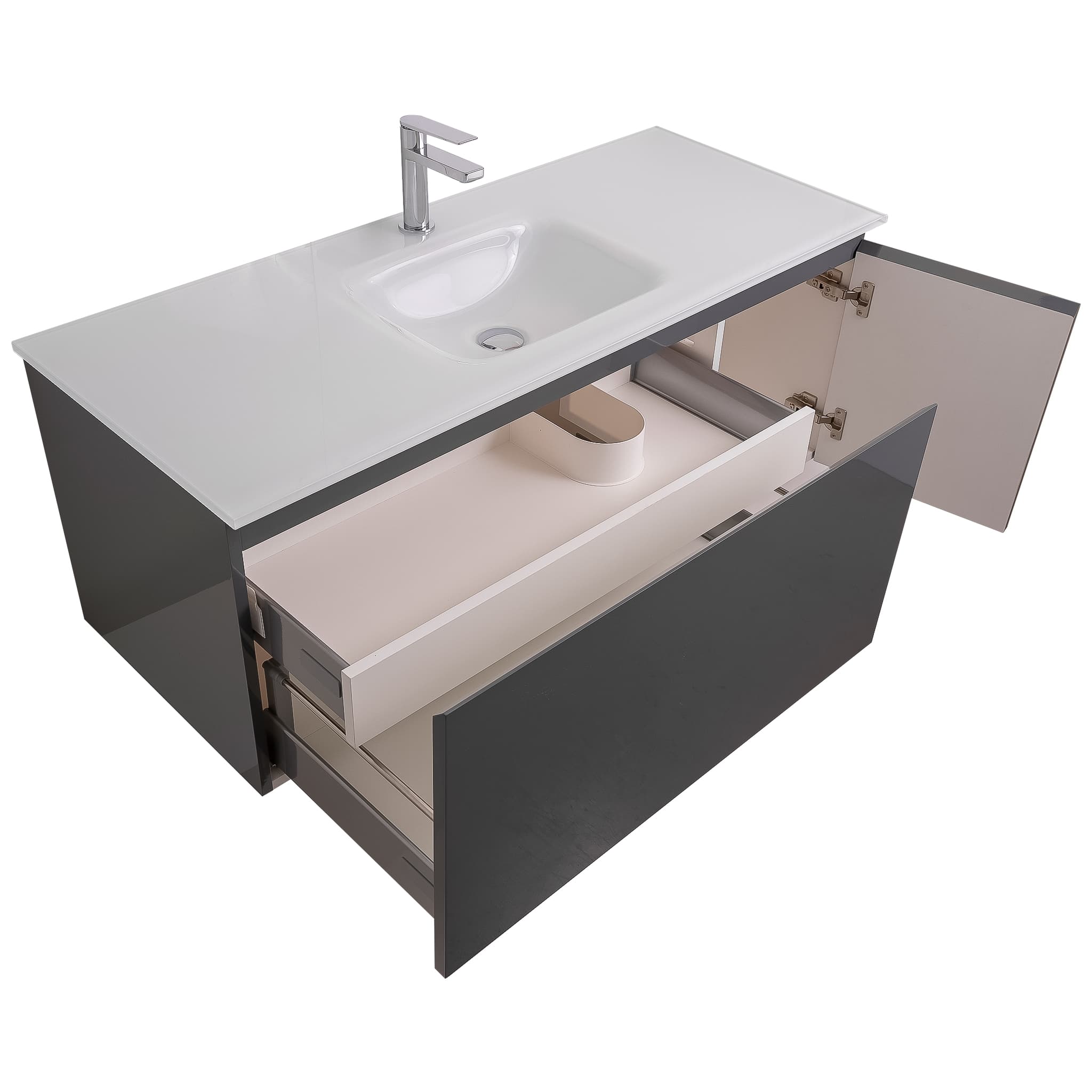 Venice 47.5 Anthracite High Gloss Cabinet, White Tempered Glass Sink, Wall Mounted Modern Vanity Set