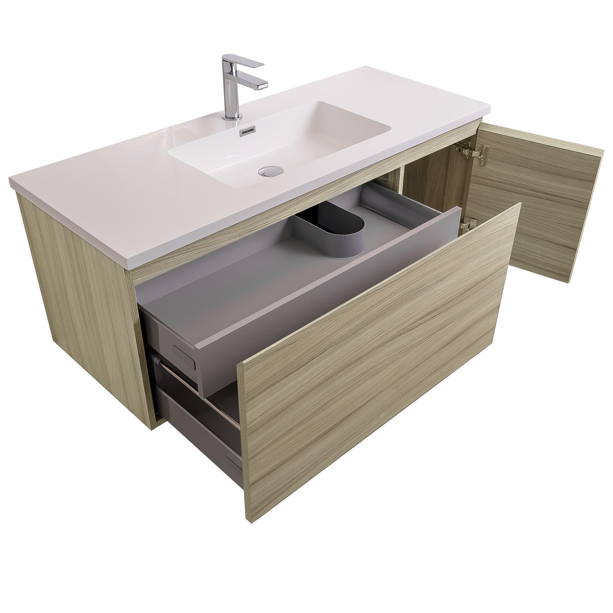 Venice 47.5 Nilo Grey Wood Texture Cabinet, Square Cultured Marble Sink, Wall Mounted Modern Vanity Set