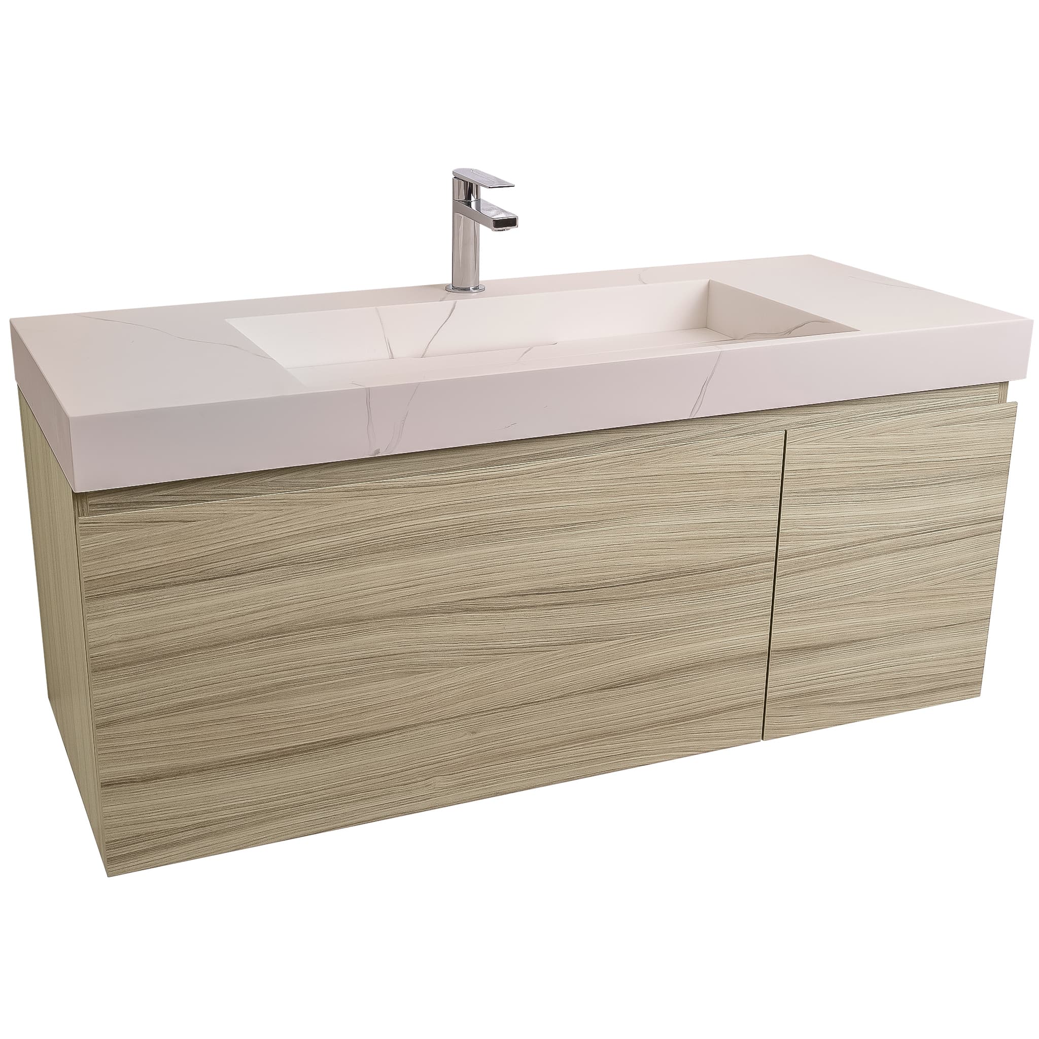 Venice 47.5 Nilo Grey Wood Texture Cabinet, Solid Surface Matte White Top Carrara Infinity Sink, Wall Mounted Modern Vanity Set