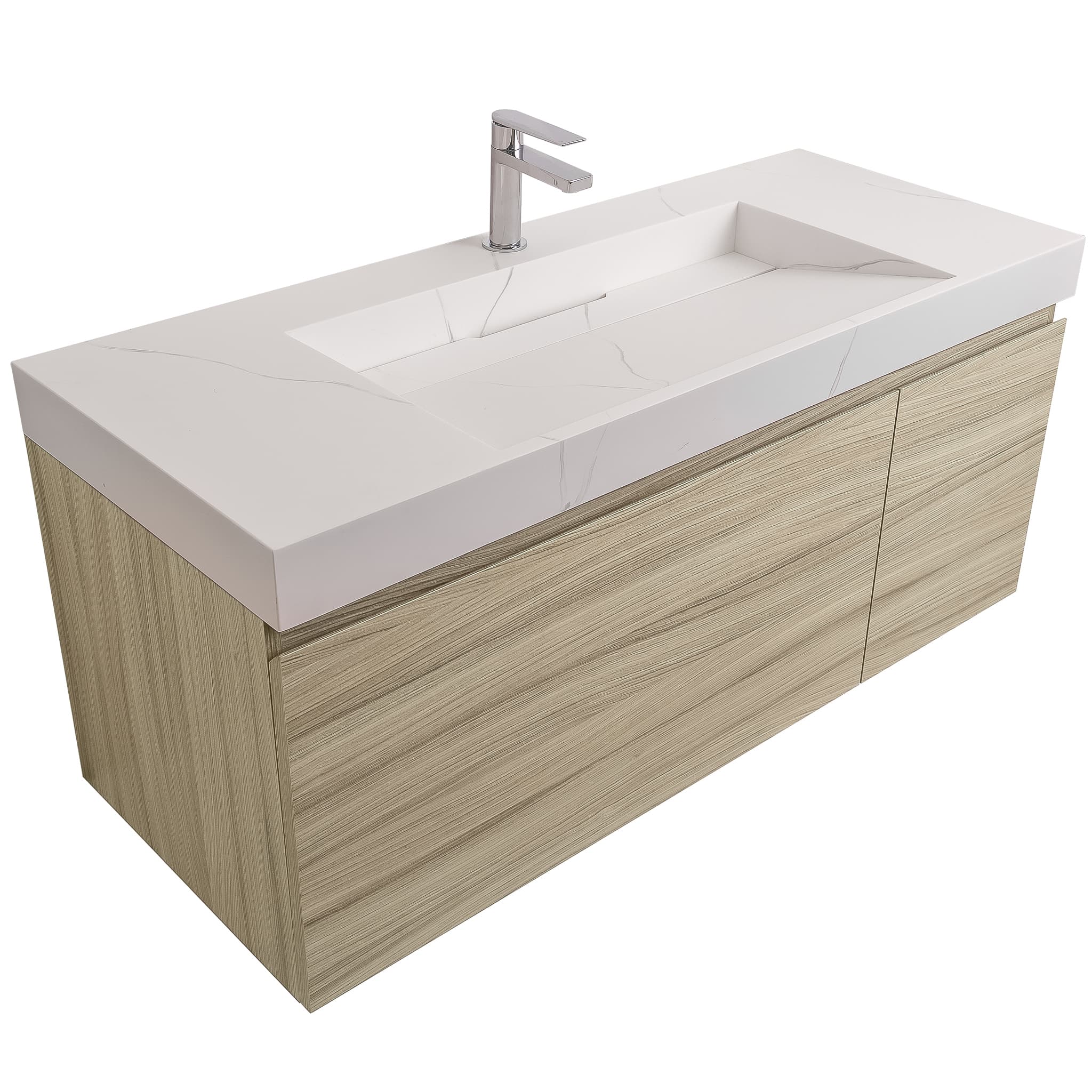 Venice 47.5 Nilo Grey Wood Texture Cabinet, Solid Surface Matte White Top Carrara Infinity Sink, Wall Mounted Modern Vanity Set