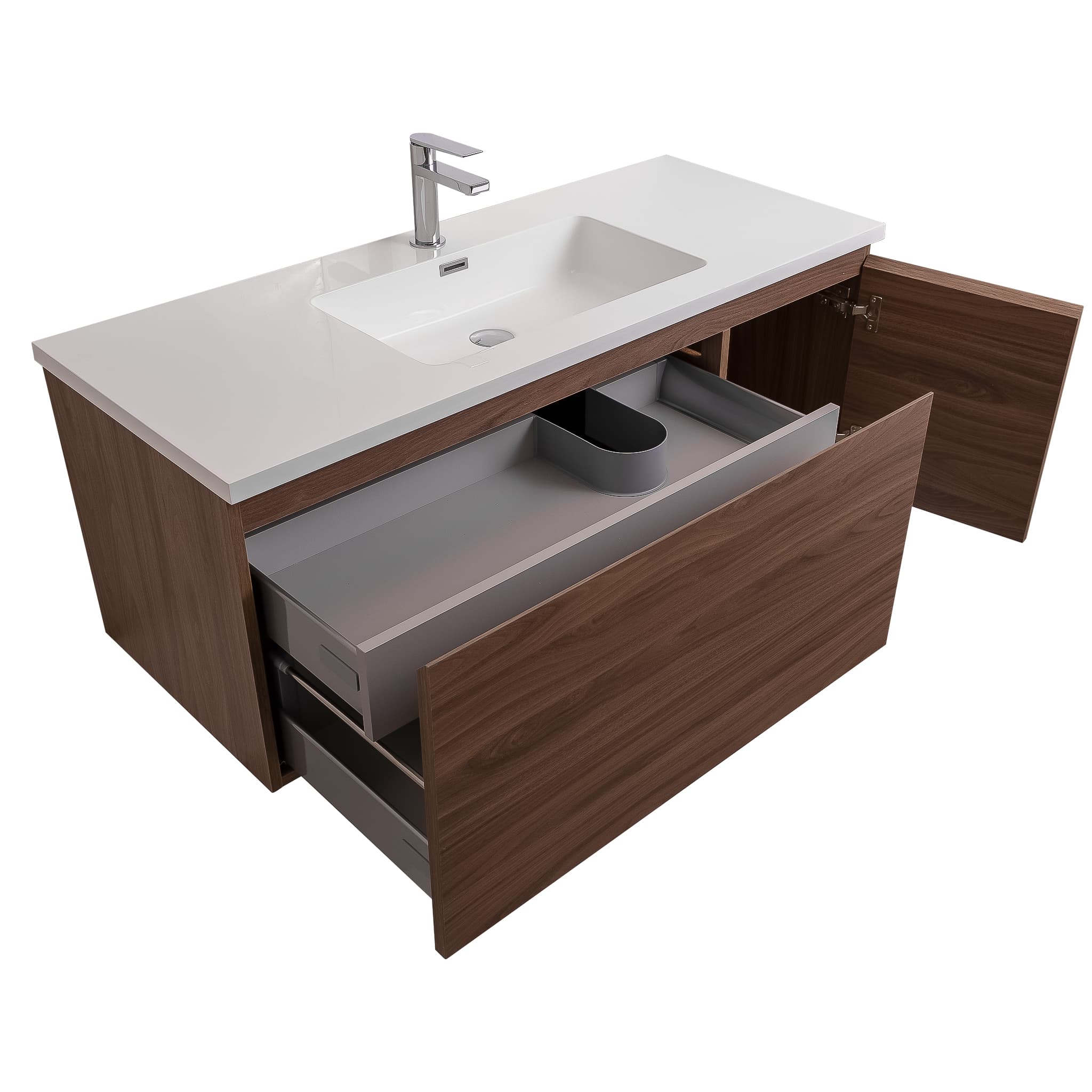 Venice 47.5 Walnut Wood Texture Cabinet,  Square Cultured Marble Sink, Wall Mounted Modern Vanity Set