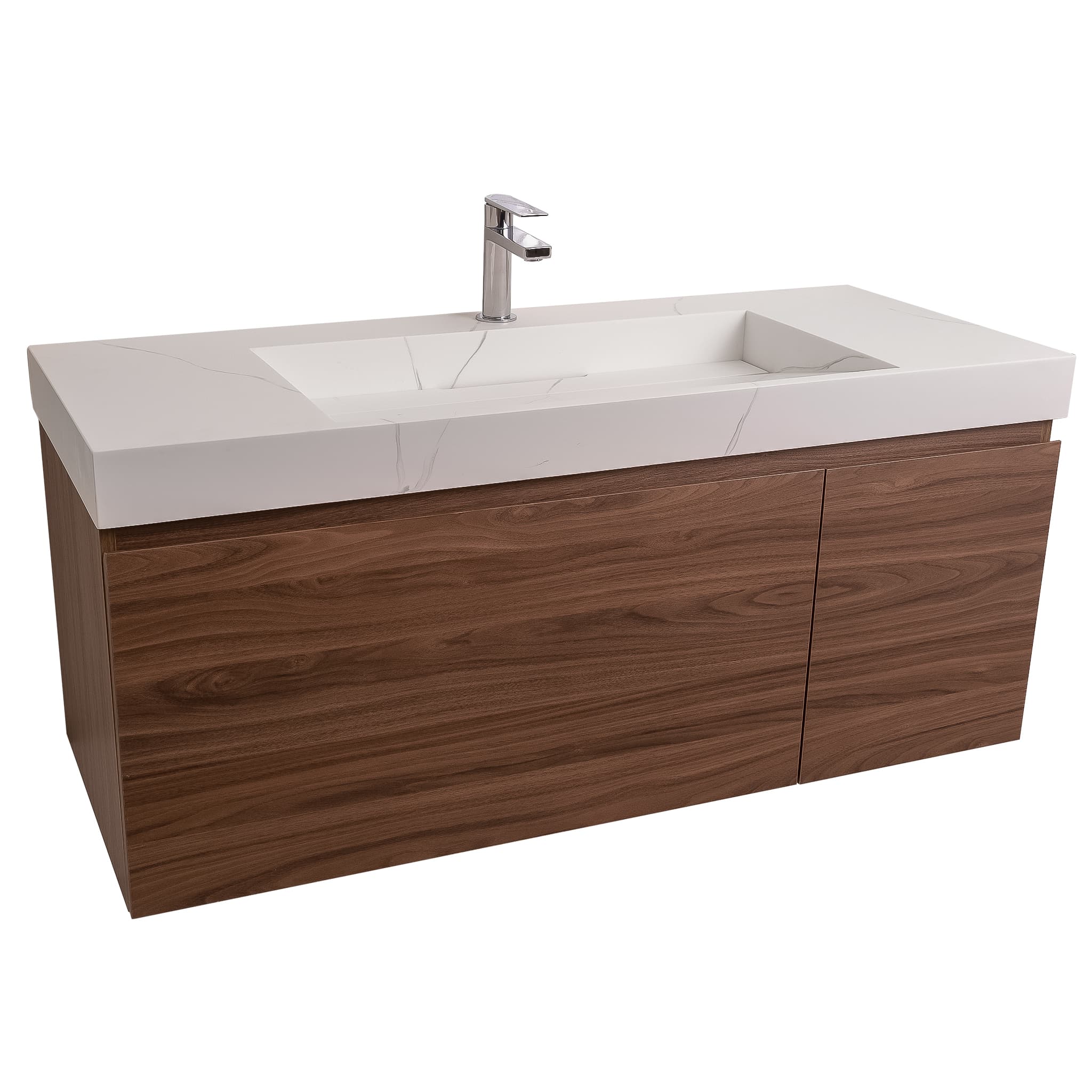 Venice 47.5 Walnut Wood Texture Cabinet, Solid Surface Matte White Top Carrara Infinity Sink, Wall Mounted Modern Vanity Set