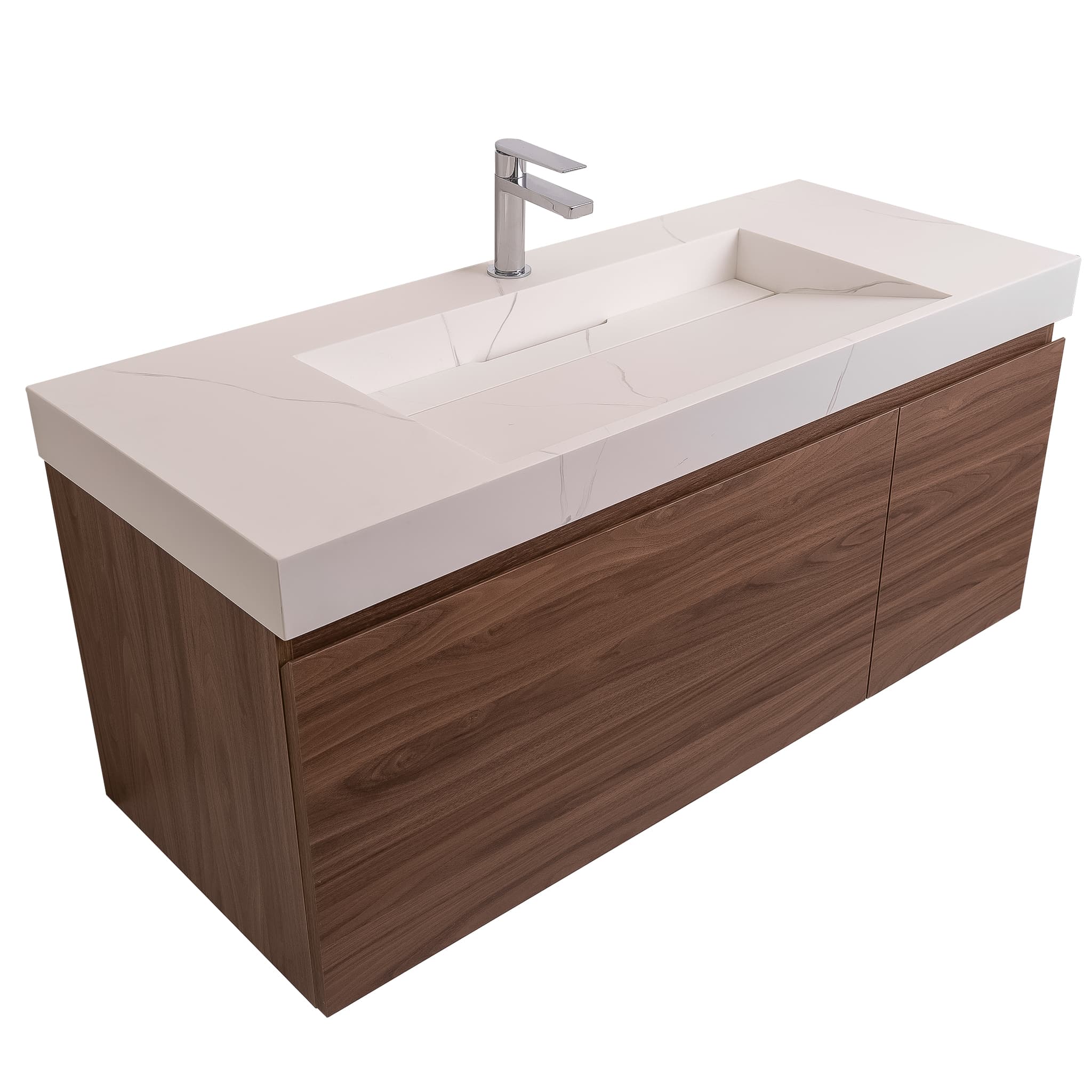 Venice 47.5 Walnut Wood Texture Cabinet, Solid Surface Matte White Top Carrara Infinity Sink, Wall Mounted Modern Vanity Set Bath Trends USA