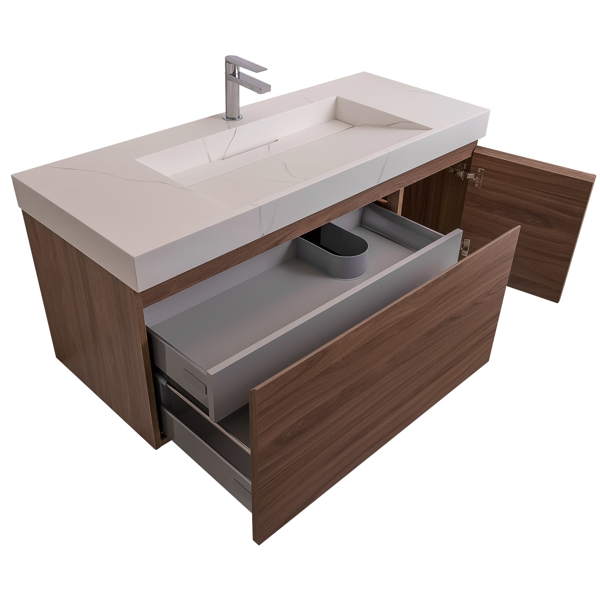 Venice 47.5 Walnut Wood Texture Cabinet, Solid Surface Matte White Top Carrara Infinity Sink, Wall Mounted Modern Vanity Set