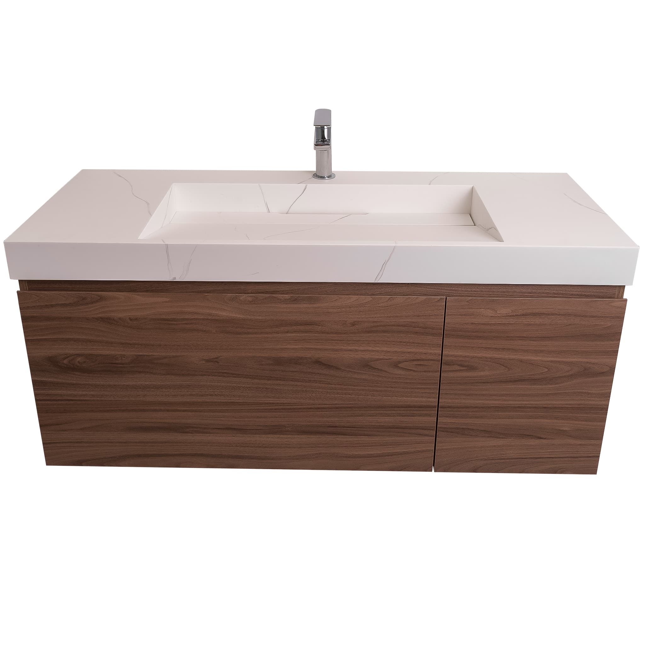 Venice 47.5 Walnut Wood Texture Cabinet, Solid Surface Matte White Top Carrara Infinity Sink, Wall Mounted Modern Vanity Set