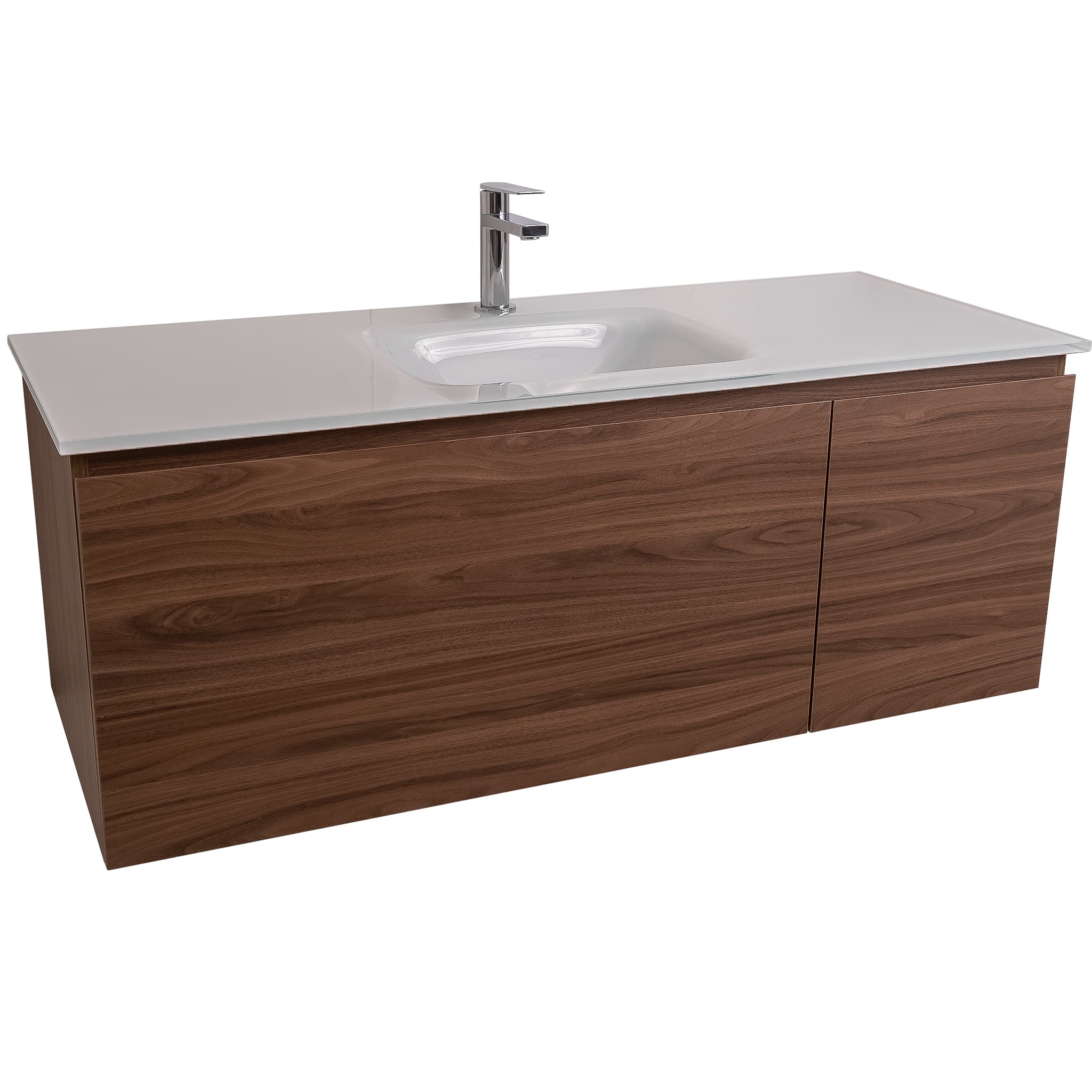 Venice 47.5 Walnut Wood Texture Cabinet, White Tempered Glass Sink, Wall Mounted Modern Vanity Set