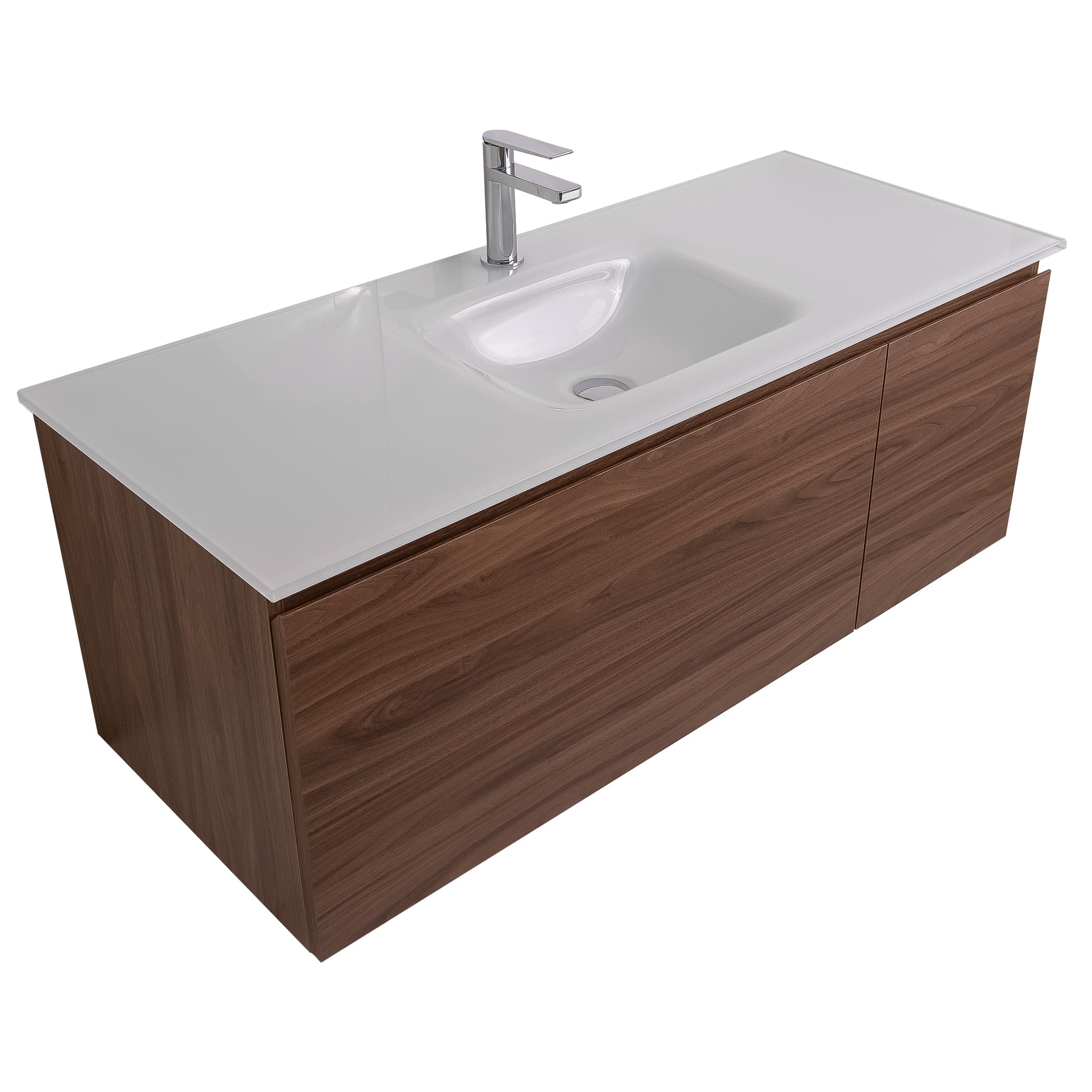 Venice 47.5 Walnut Wood Texture Cabinet, White Tempered Glass Sink, Wall Mounted Modern Vanity Set