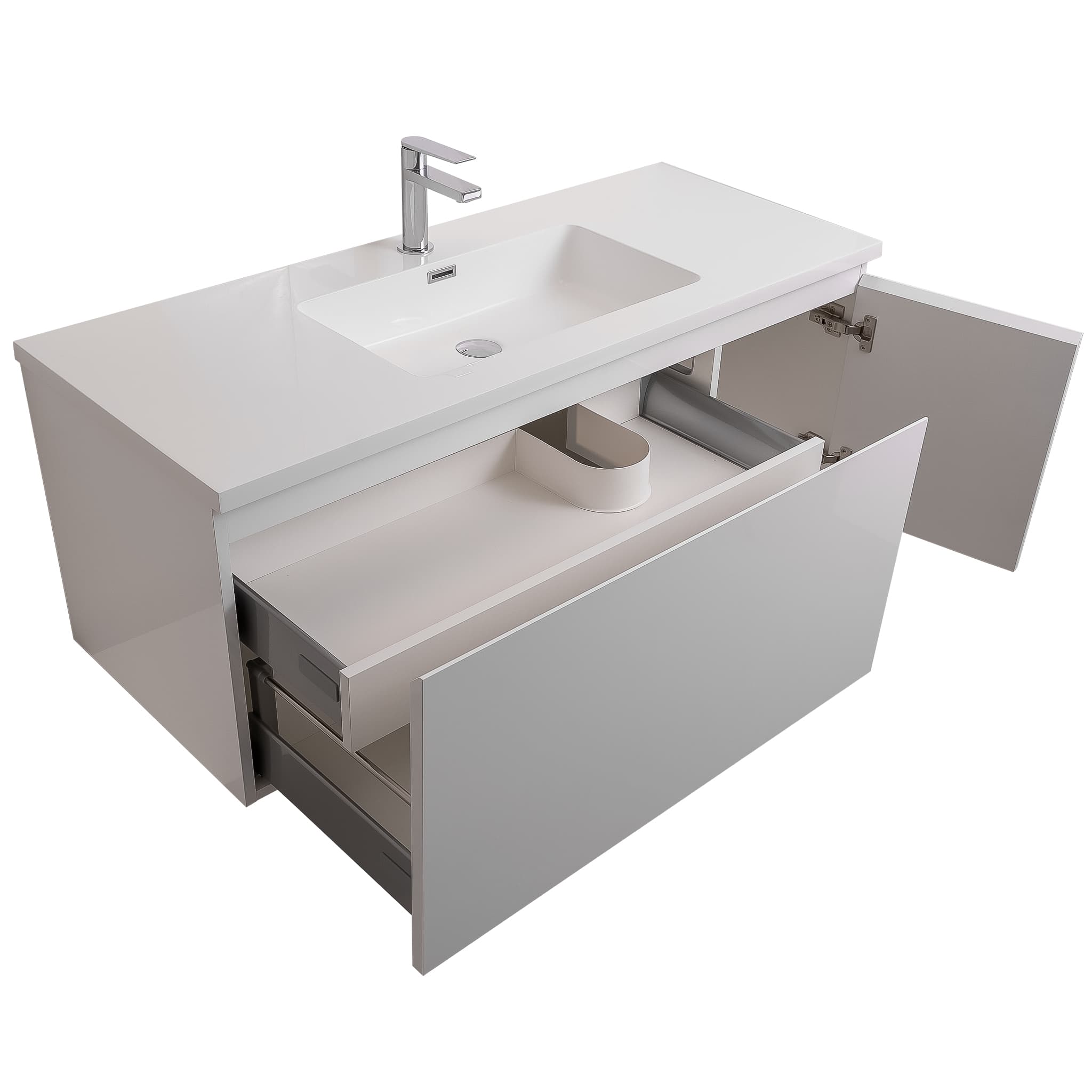 Venice 47.5 White High Gloss Cabinet, Square Cultured Marble Sink, Wall Mounted Modern Vanity Set