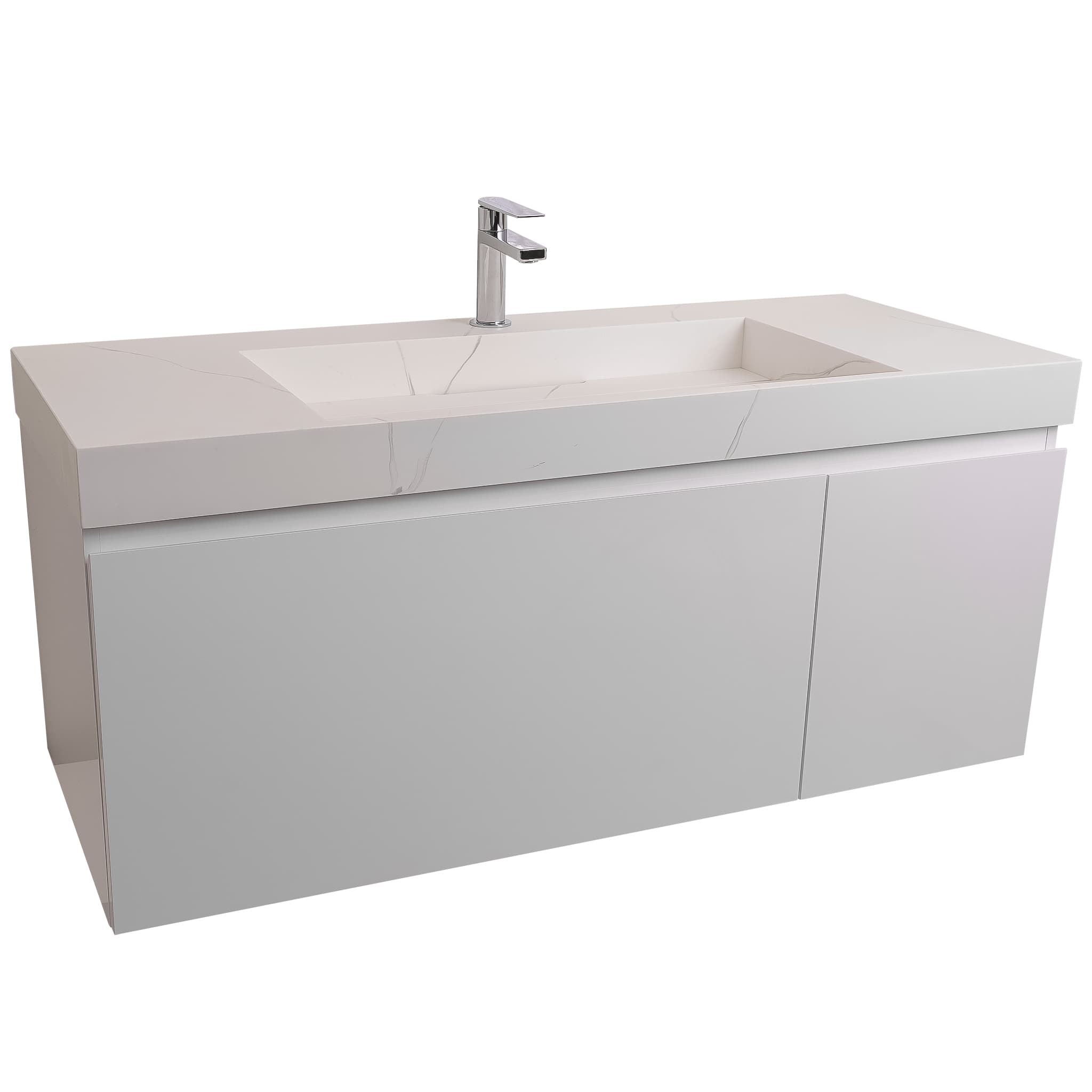 Venice 47.5 White High Gloss Cabinet, Solid Surface Matte White Top Carrara Infinity Sink, Wall Mounted Modern Vanity Set Bath Trends USA