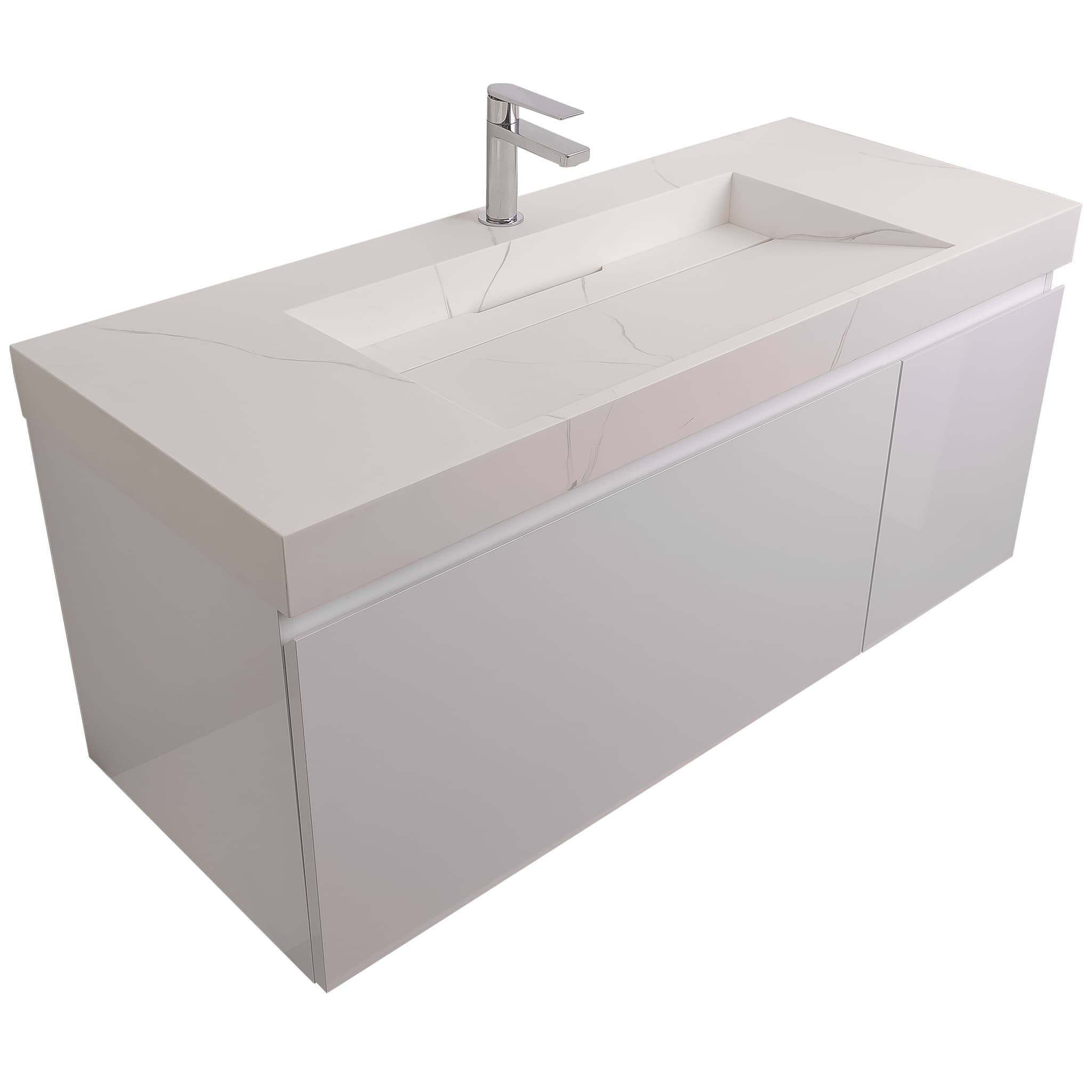 Venice 47.5 White High Gloss Cabinet, Solid Surface Matte White Top Carrara Infinity Sink, Wall Mounted Modern Vanity Set