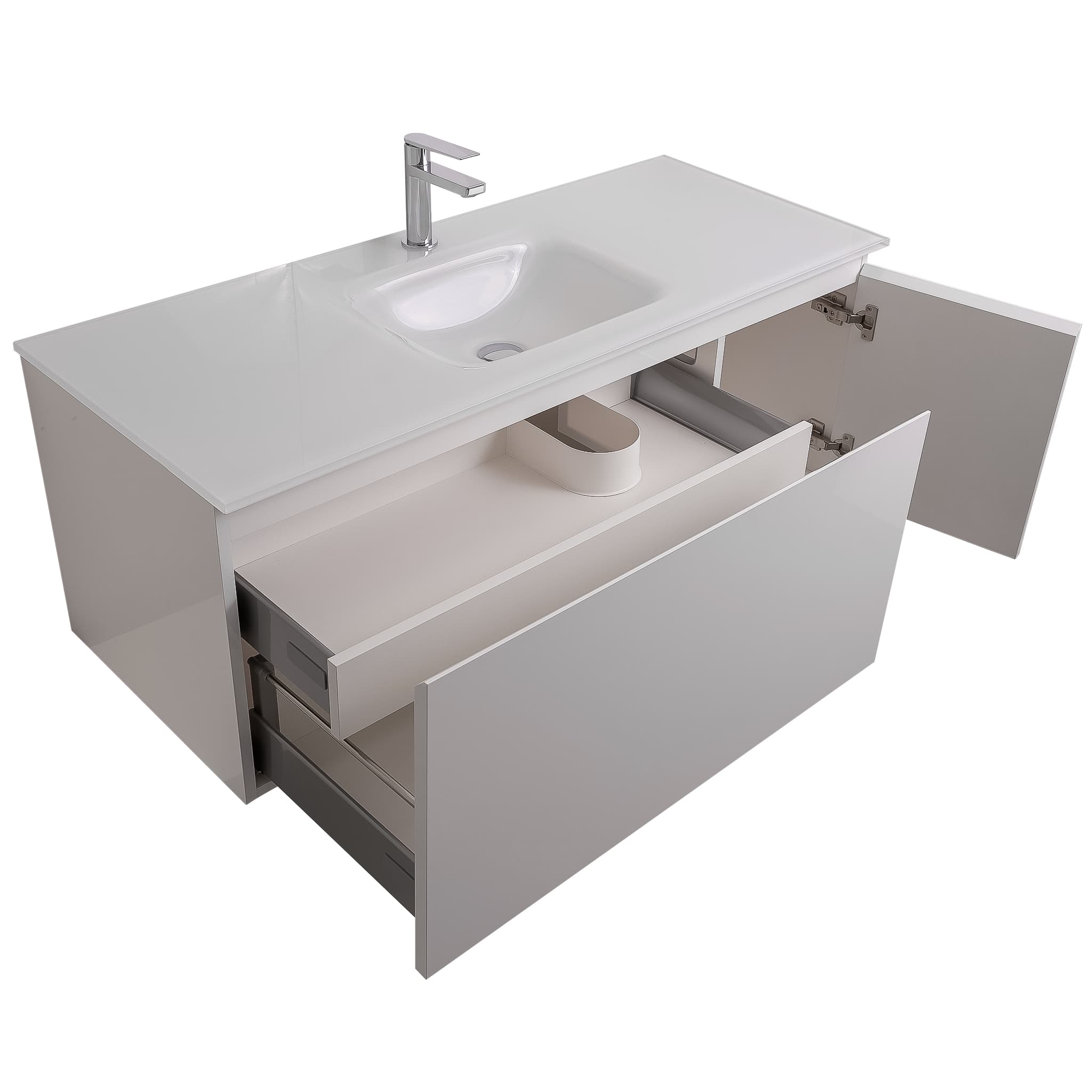 Venice 47.5 White High Gloss Cabinet, White Tempered Glass Sink, Wall Mounted Modern Vanity Set
